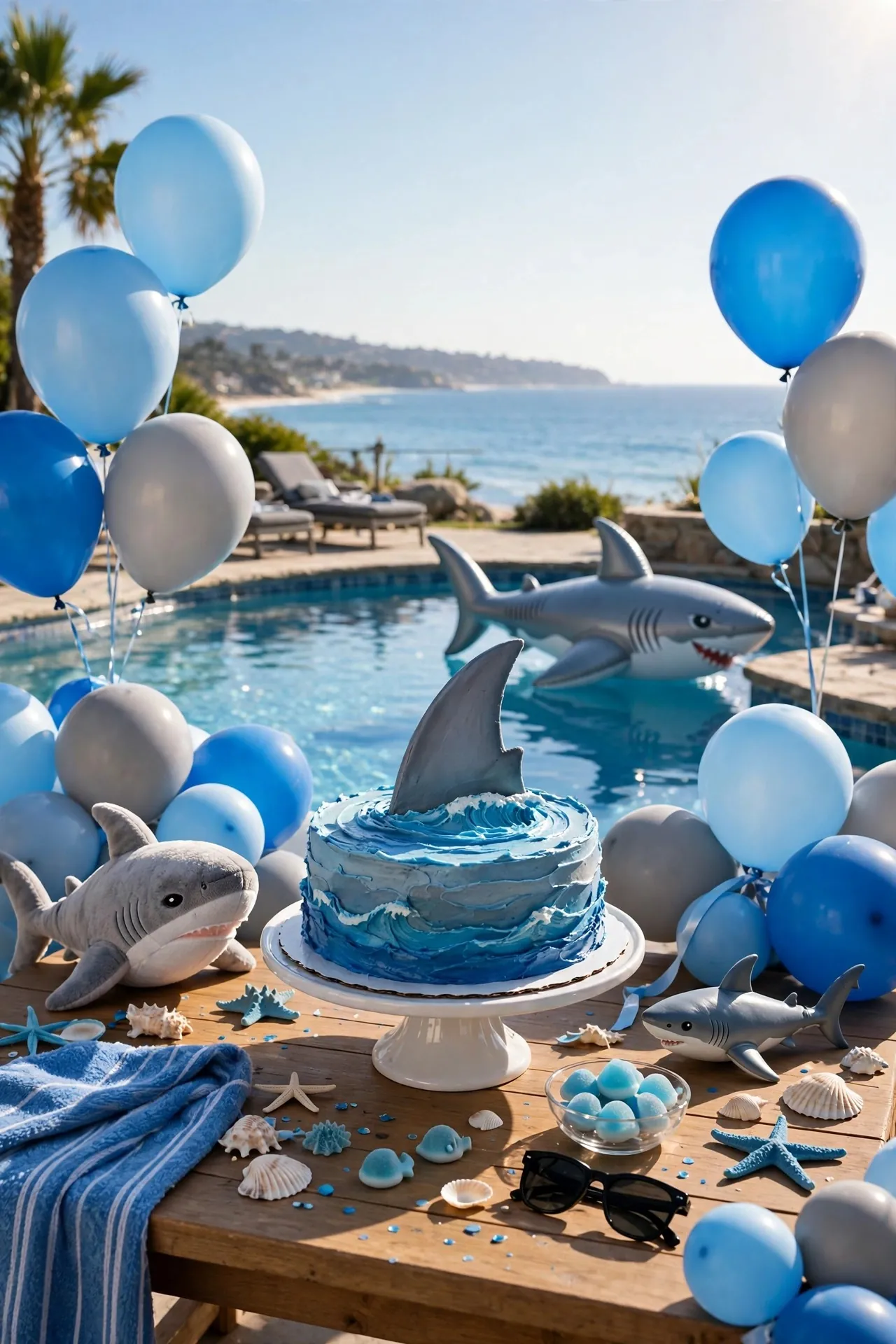 Shark themed boys birthday with blue decor