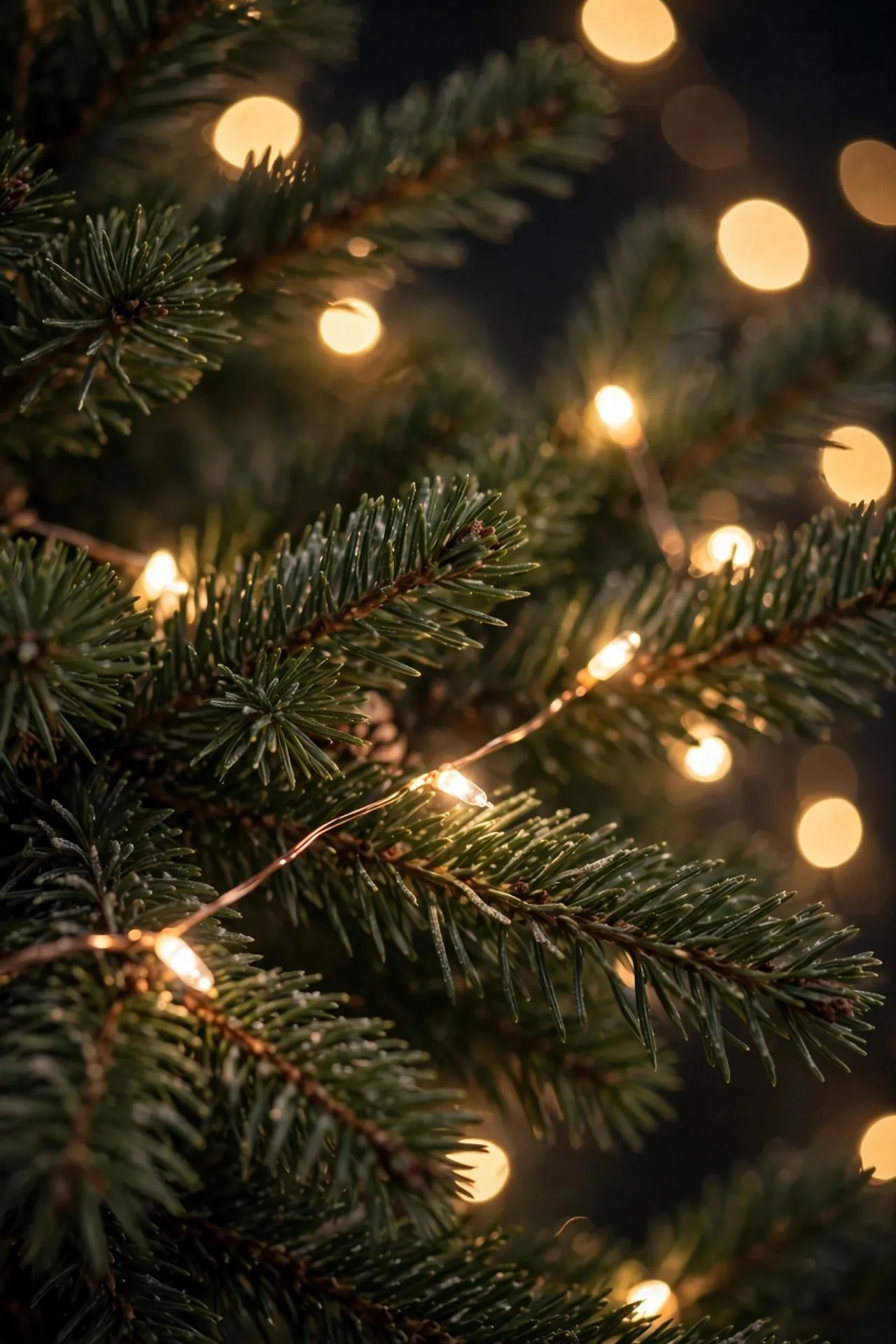 Close-up of warm white Christmas lights on tree branches