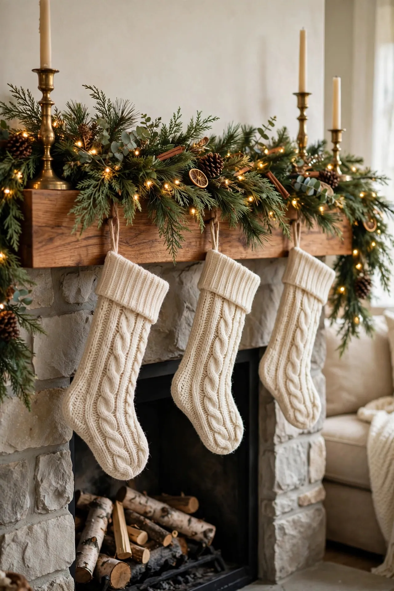 Fireplace mantel with full realistic garland and stockings