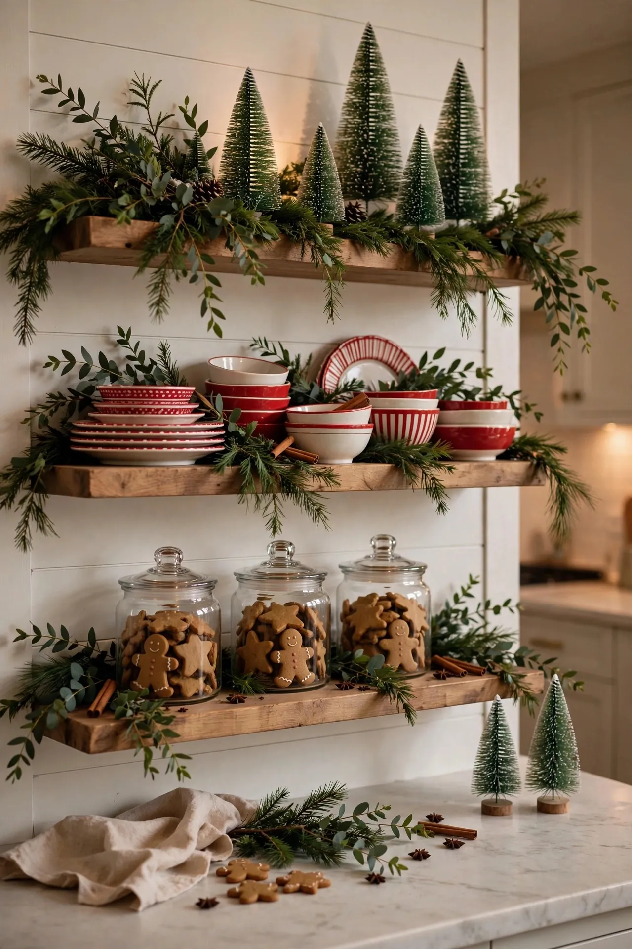 Kitchen open shelves styled for Christmas with greenery