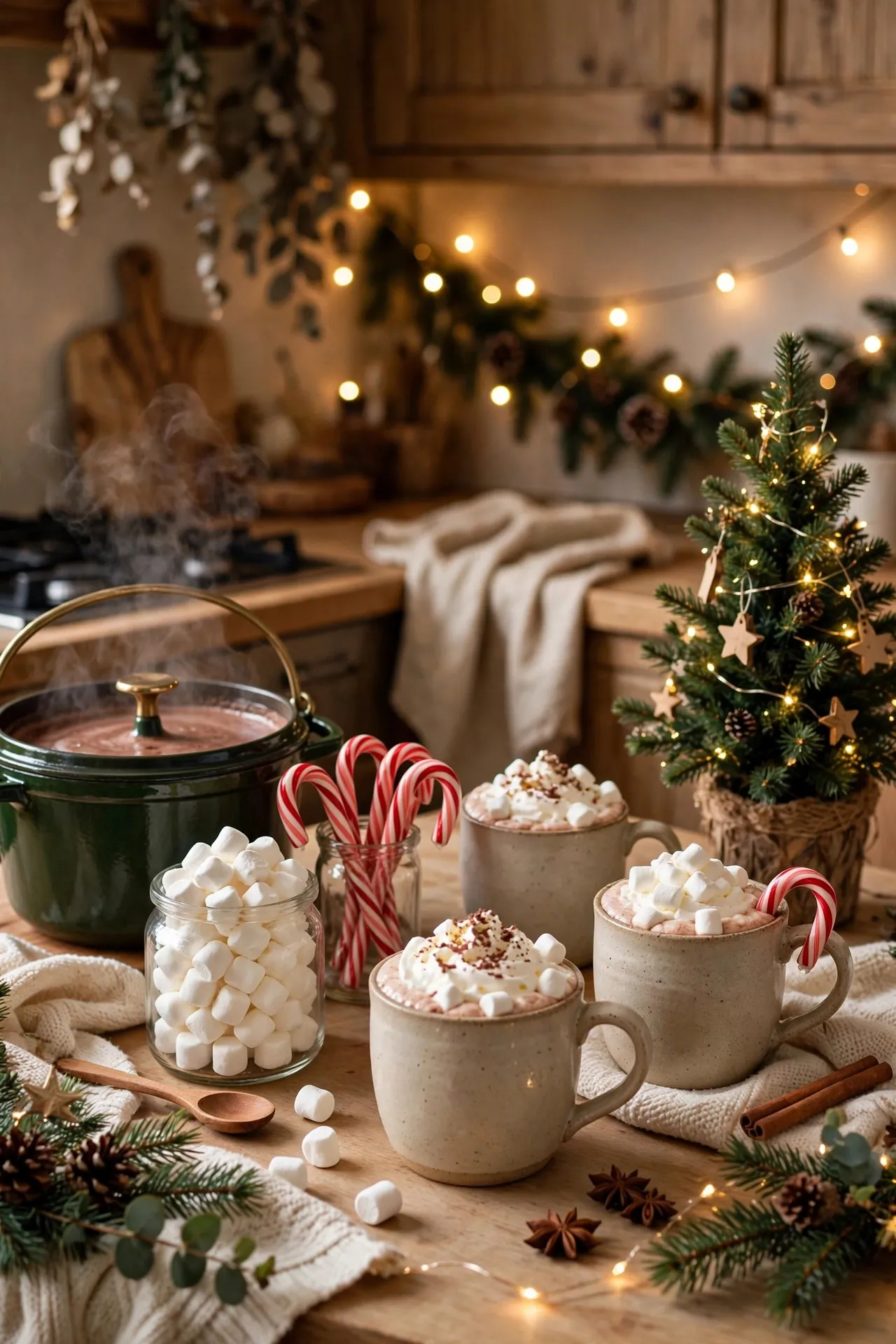 Christmas hot cocoa station on a kitchen counter