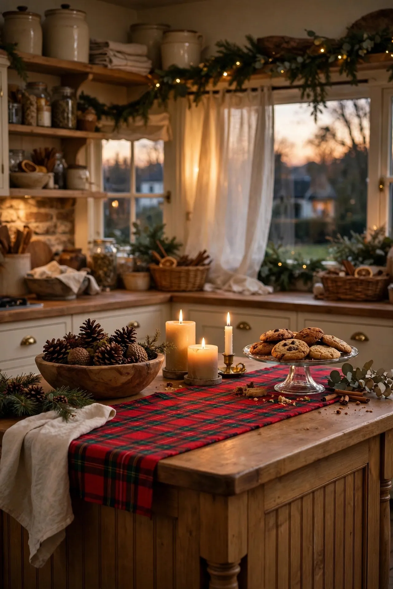 Kitchen island with a plaid runner and Christmas decor