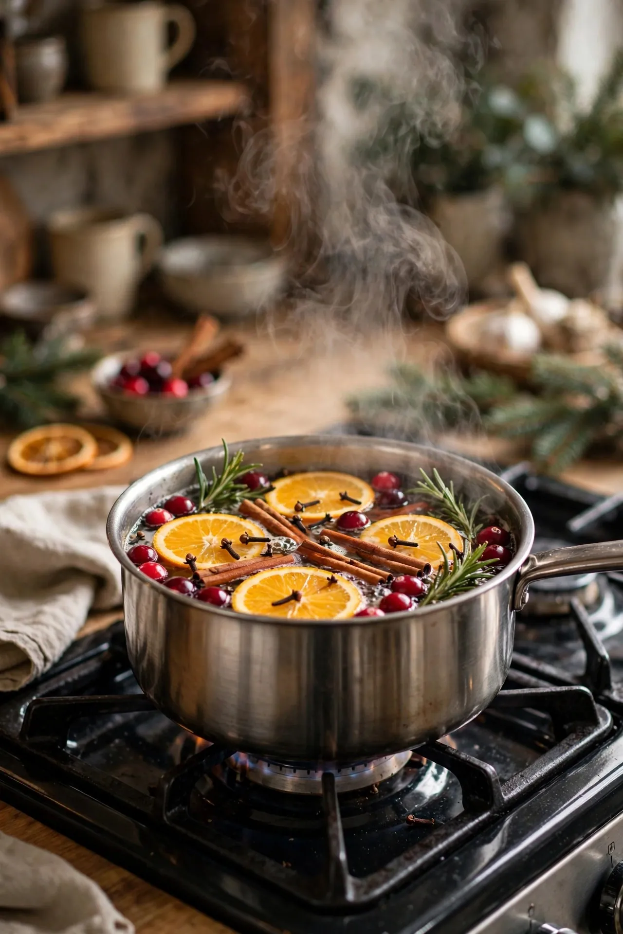Christmas simmer pot with oranges and cinnamon on the stove