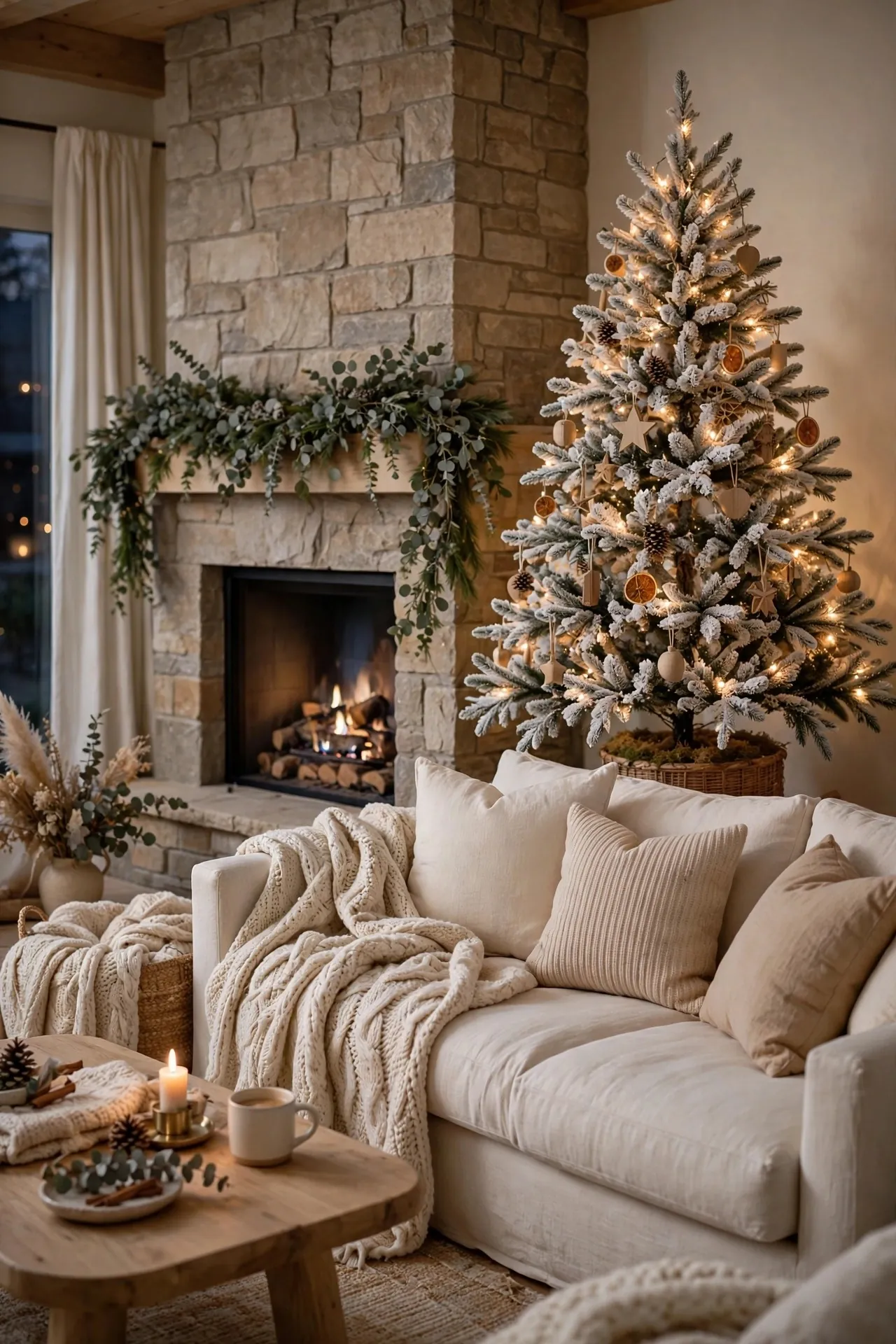 Fireplace mantel layered with fresh garland, candles and brass candlesticks