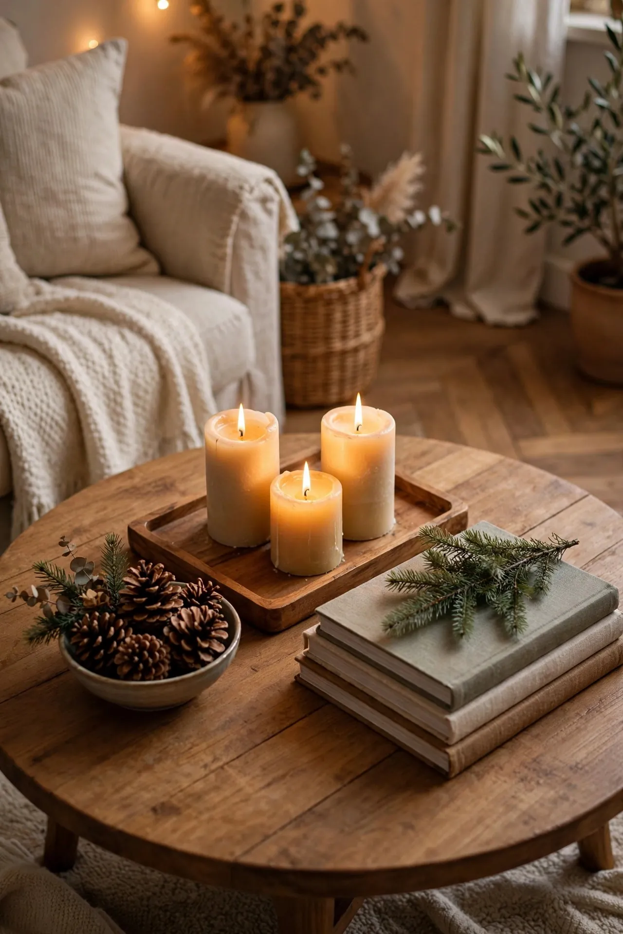 Christmas coffee table styled with a wooden tray, candles and greenery