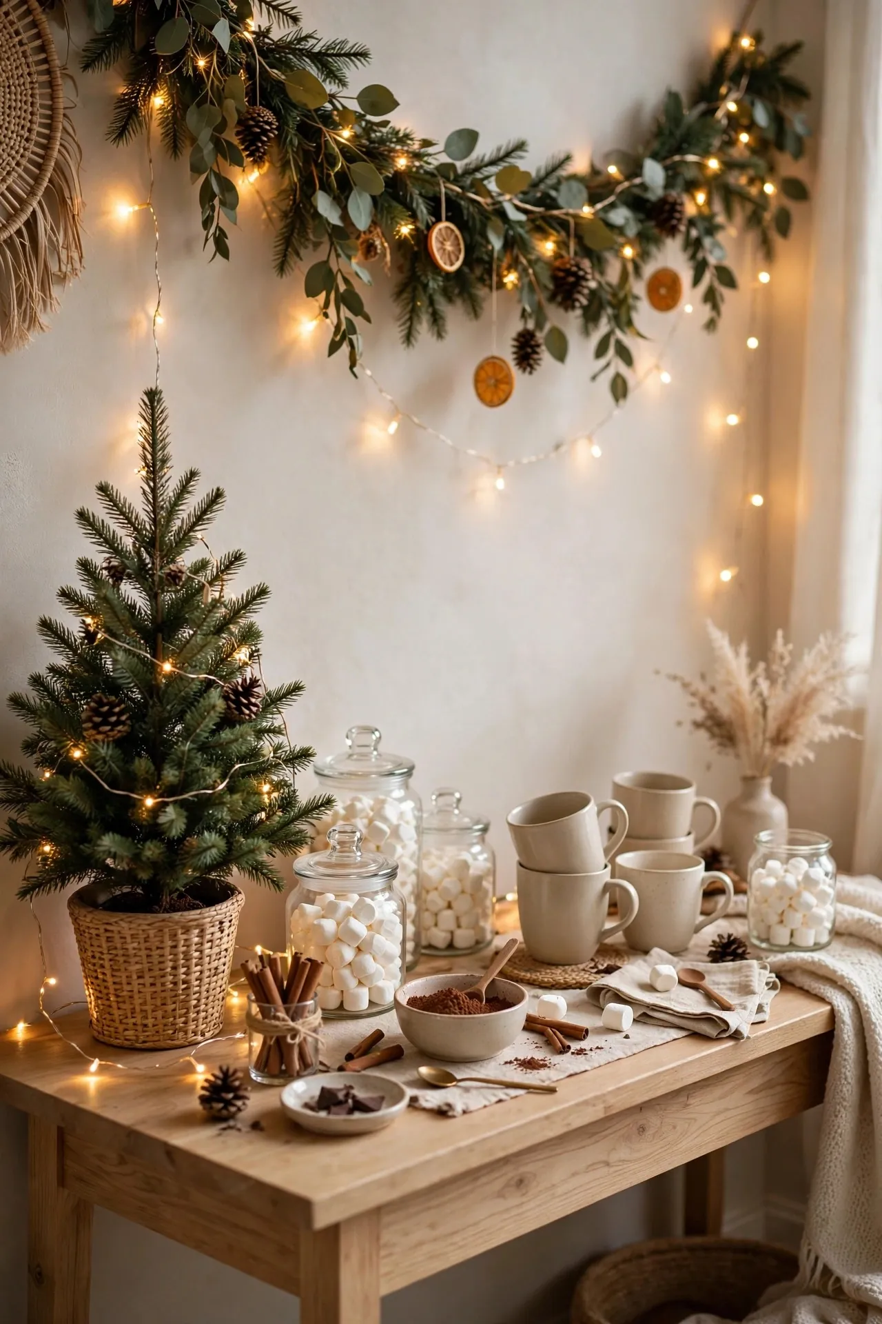 Hot cocoa bar on a console table in a Christmas living room