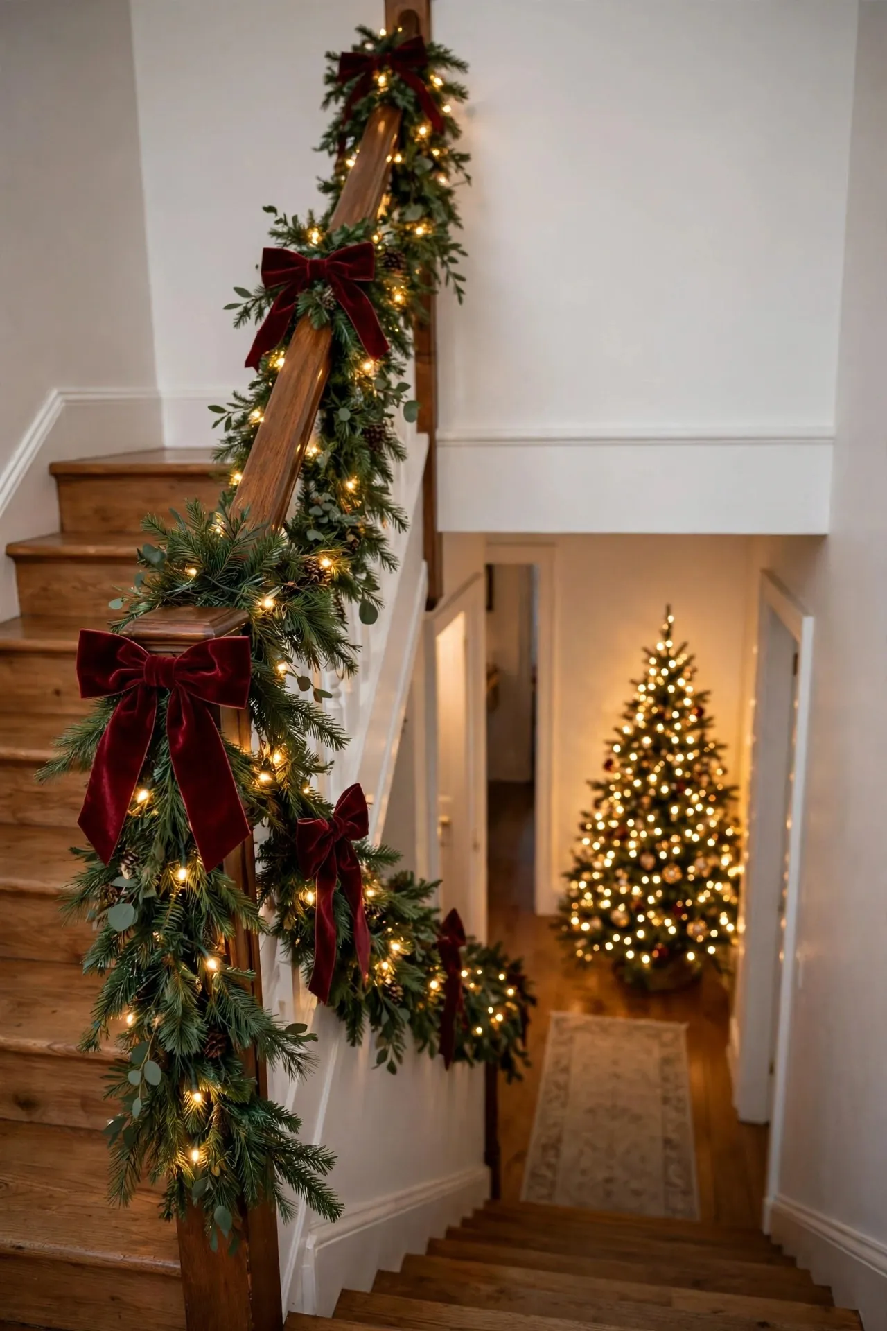 Christmas garland wrapped around a staircase banister
