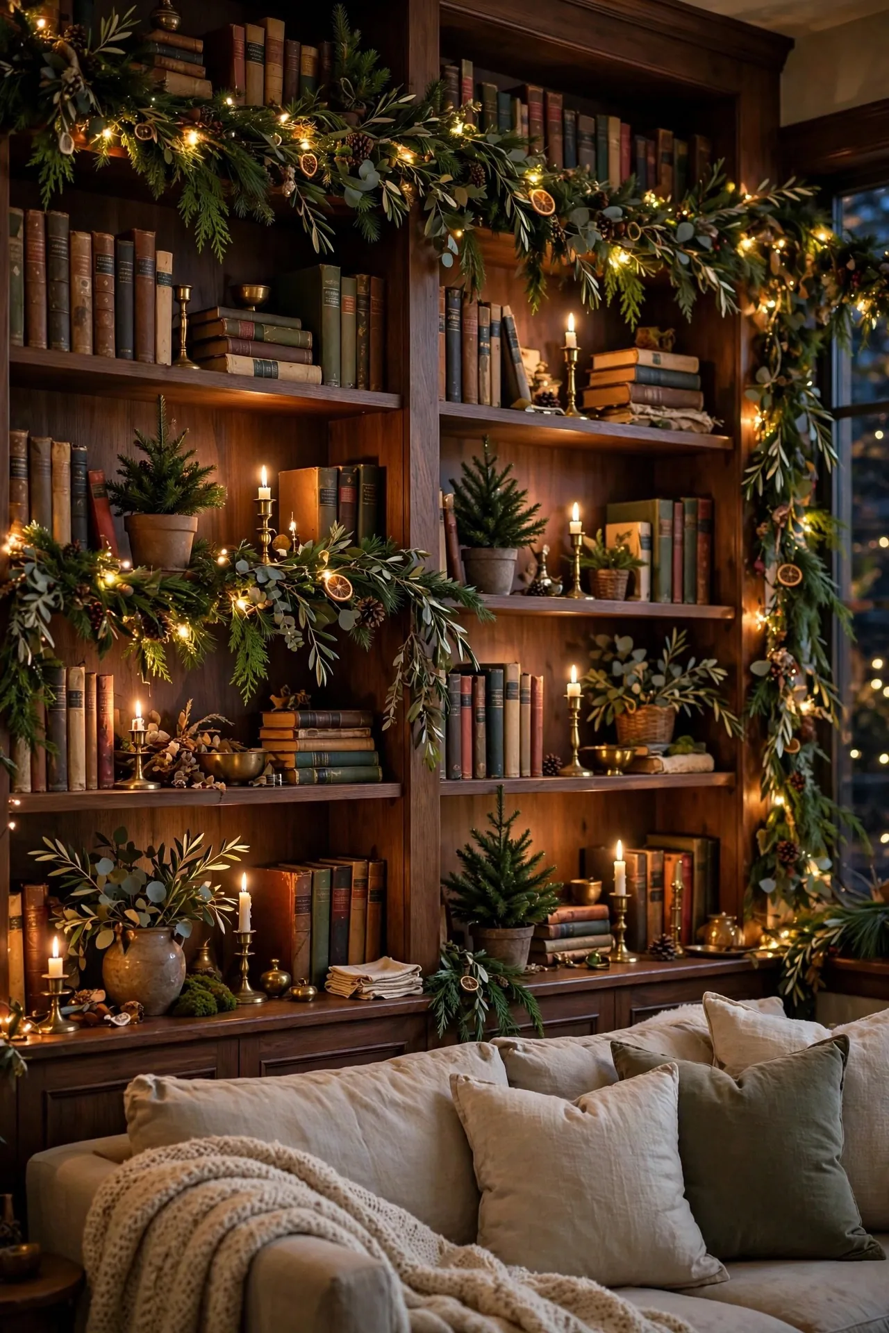 Living room bookshelves decorated for Christmas with garland and lights