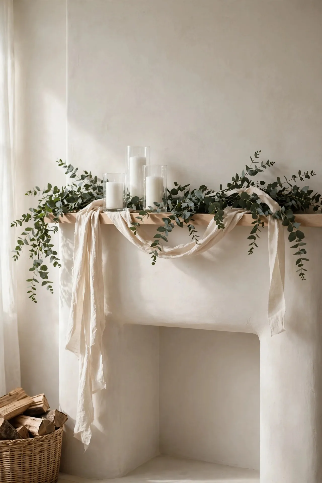 Minimal eucalyptus garland with linen ribbon on a mantel