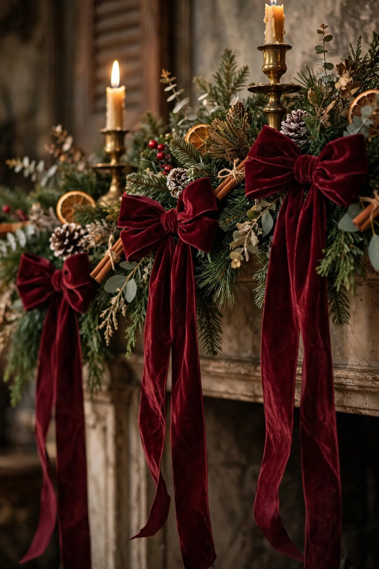 Christmas mantel garland decorated with burgundy velvet bows