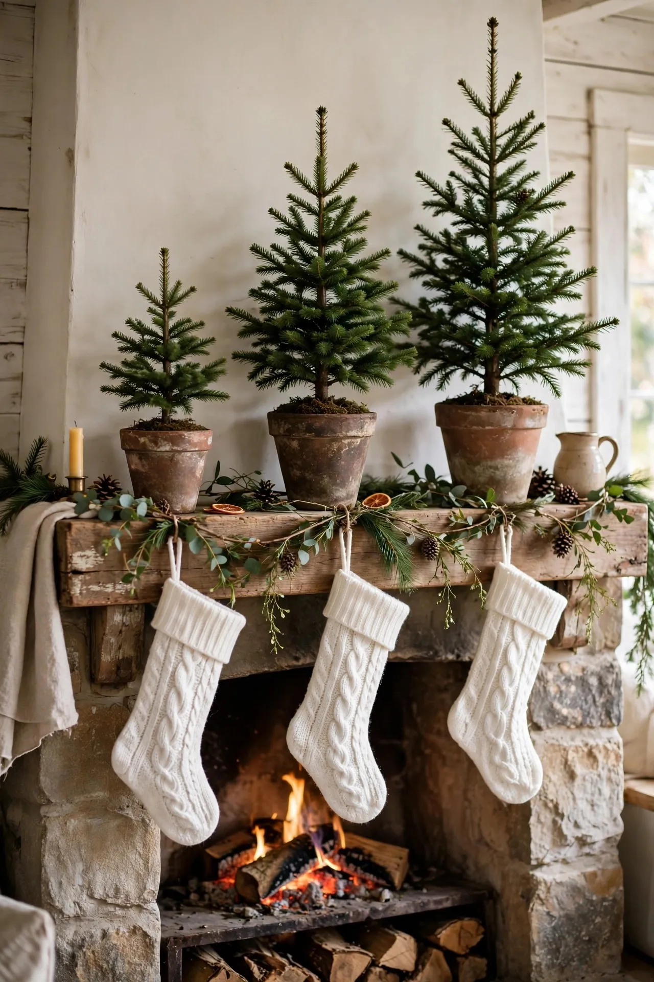 Three mini Christmas trees in terracotta pots on a mantel