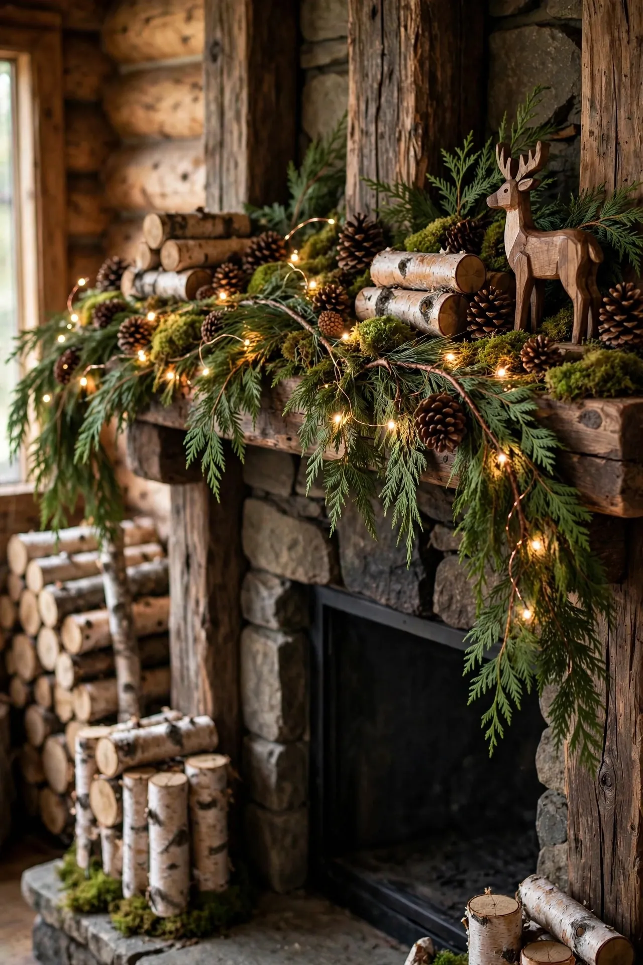 Woodland Christmas mantel with pinecones, birch logs and greenery