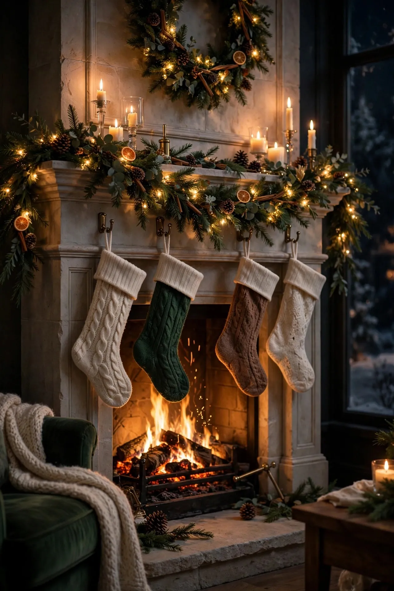 Christmas fireplace at night glowing with lights and candles