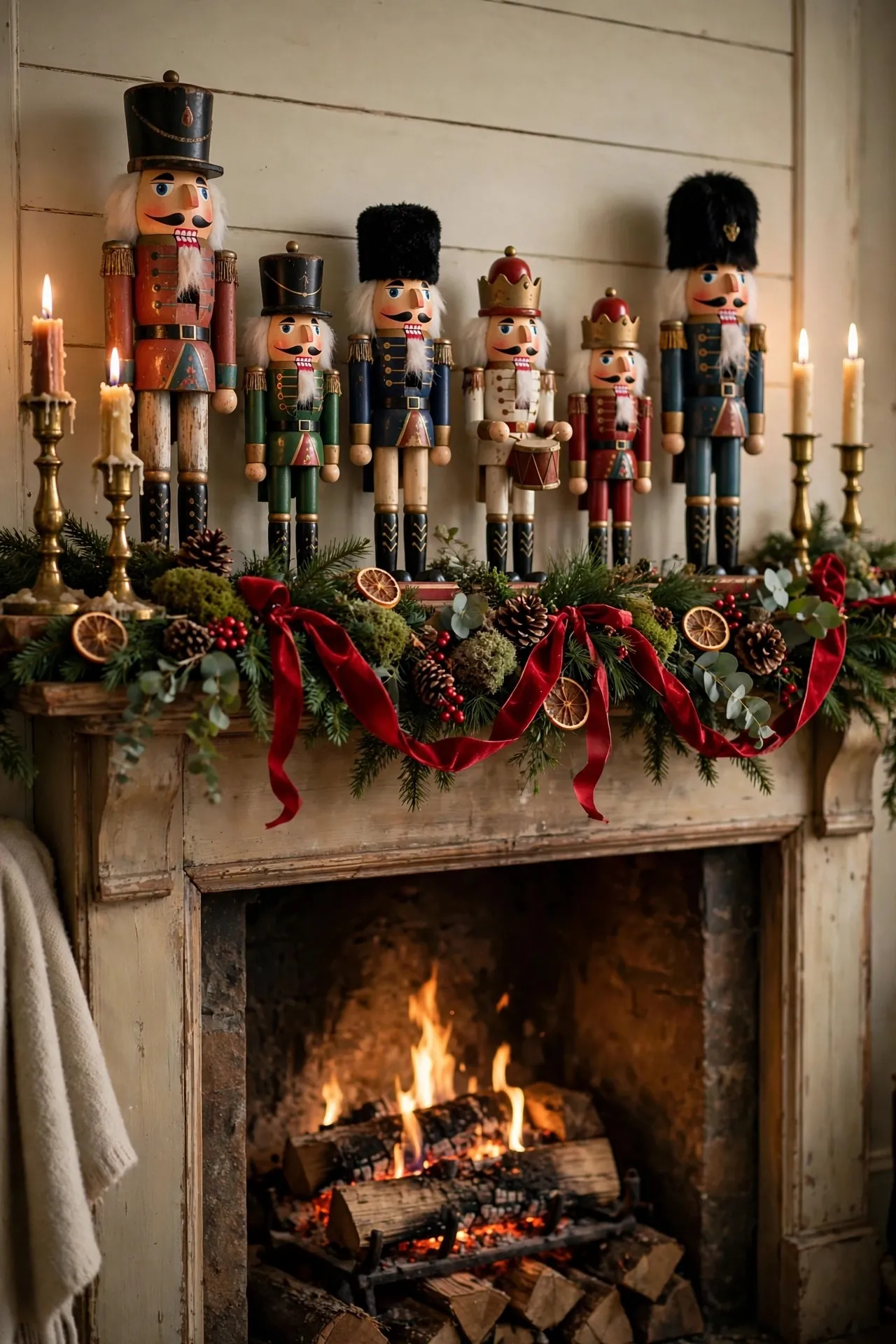 Christmas mantel lined with vintage nutcrackers and greenery