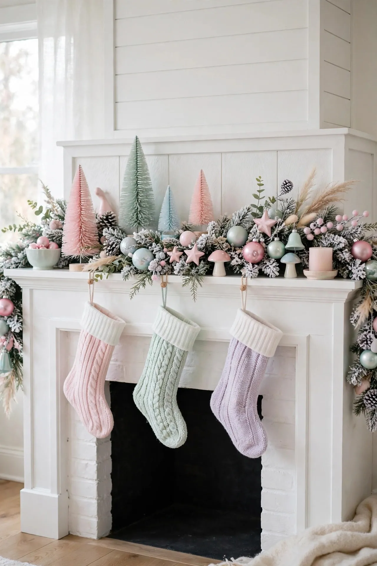 Pastel pink and mint Christmas mantel with ornaments