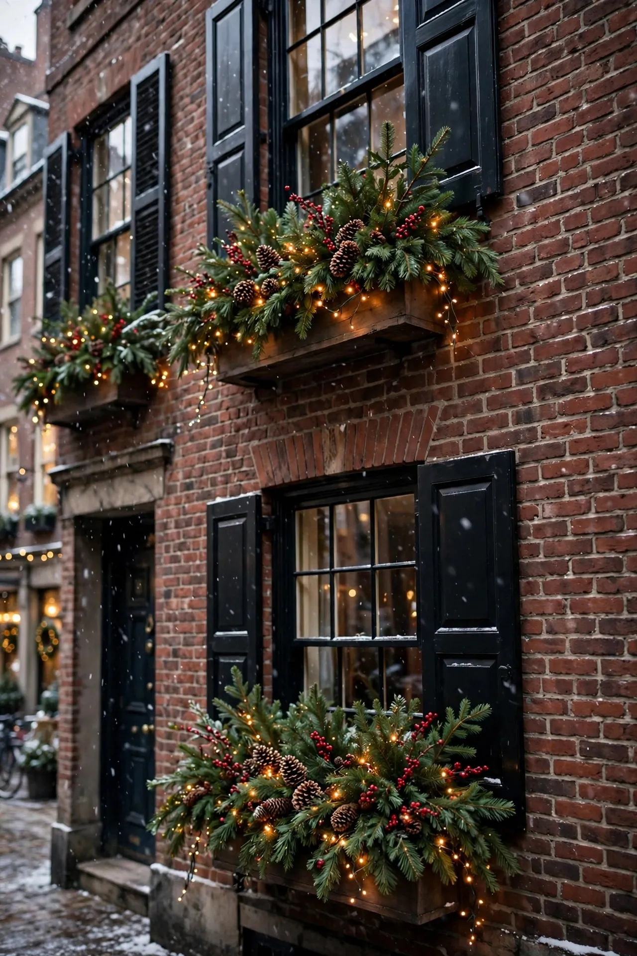 Window boxes filled with evergreen branches and berries
