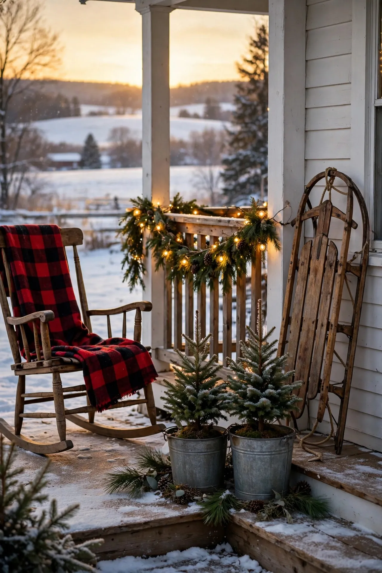 Farmhouse Christmas porch with a sled, plaid blankets and lanterns