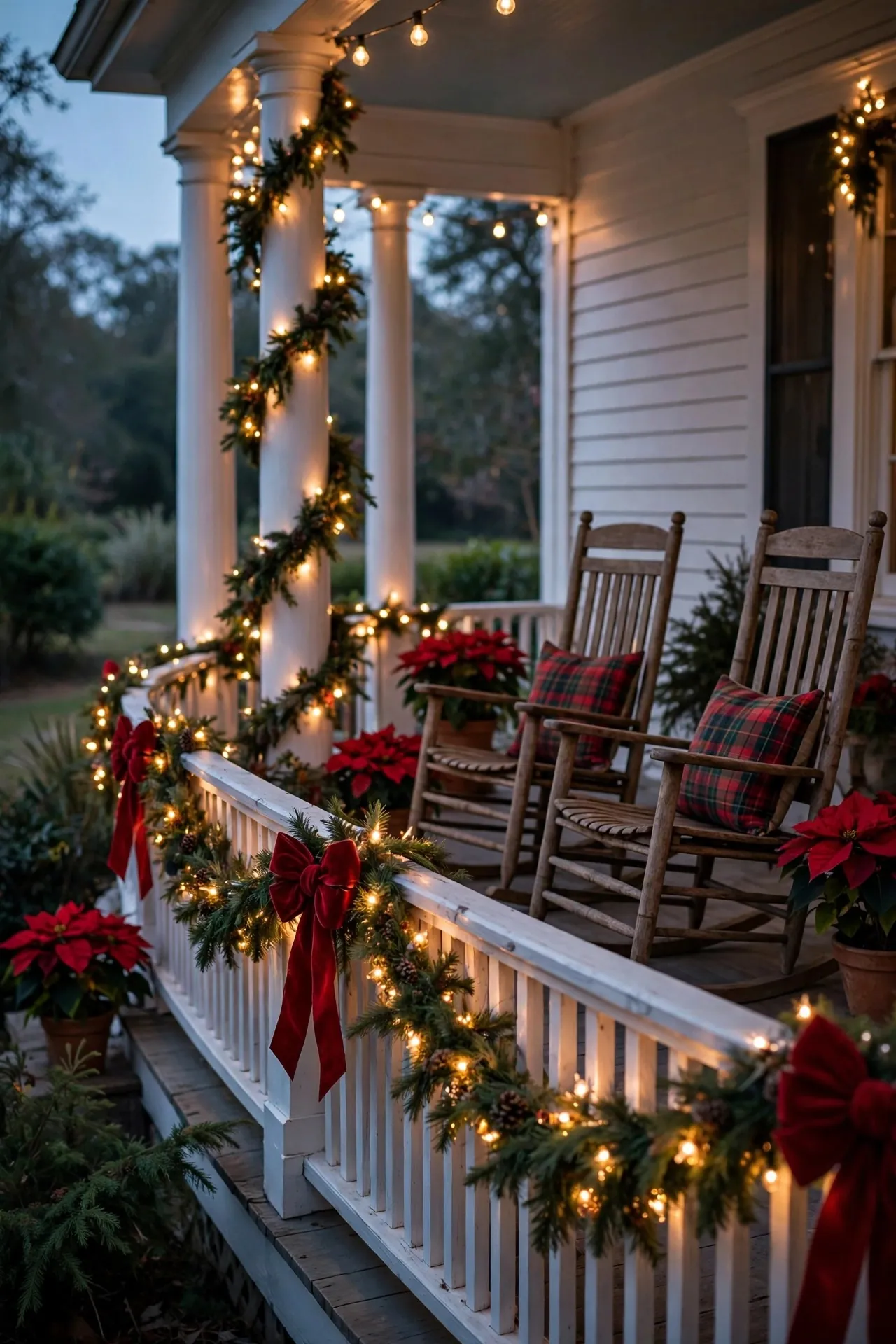 Porch railing wrapped in garland and red velvet bows