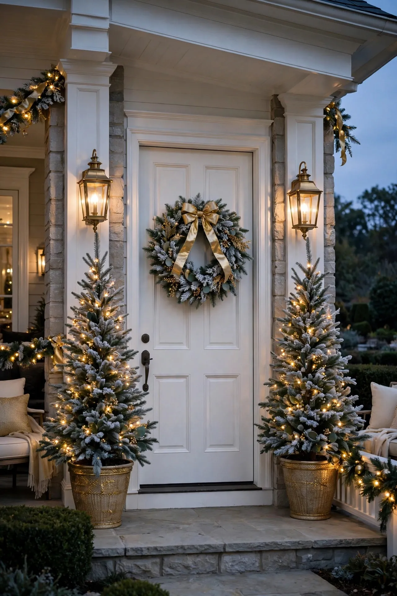 Elegant white and gold Christmas porch with a flocked wreath