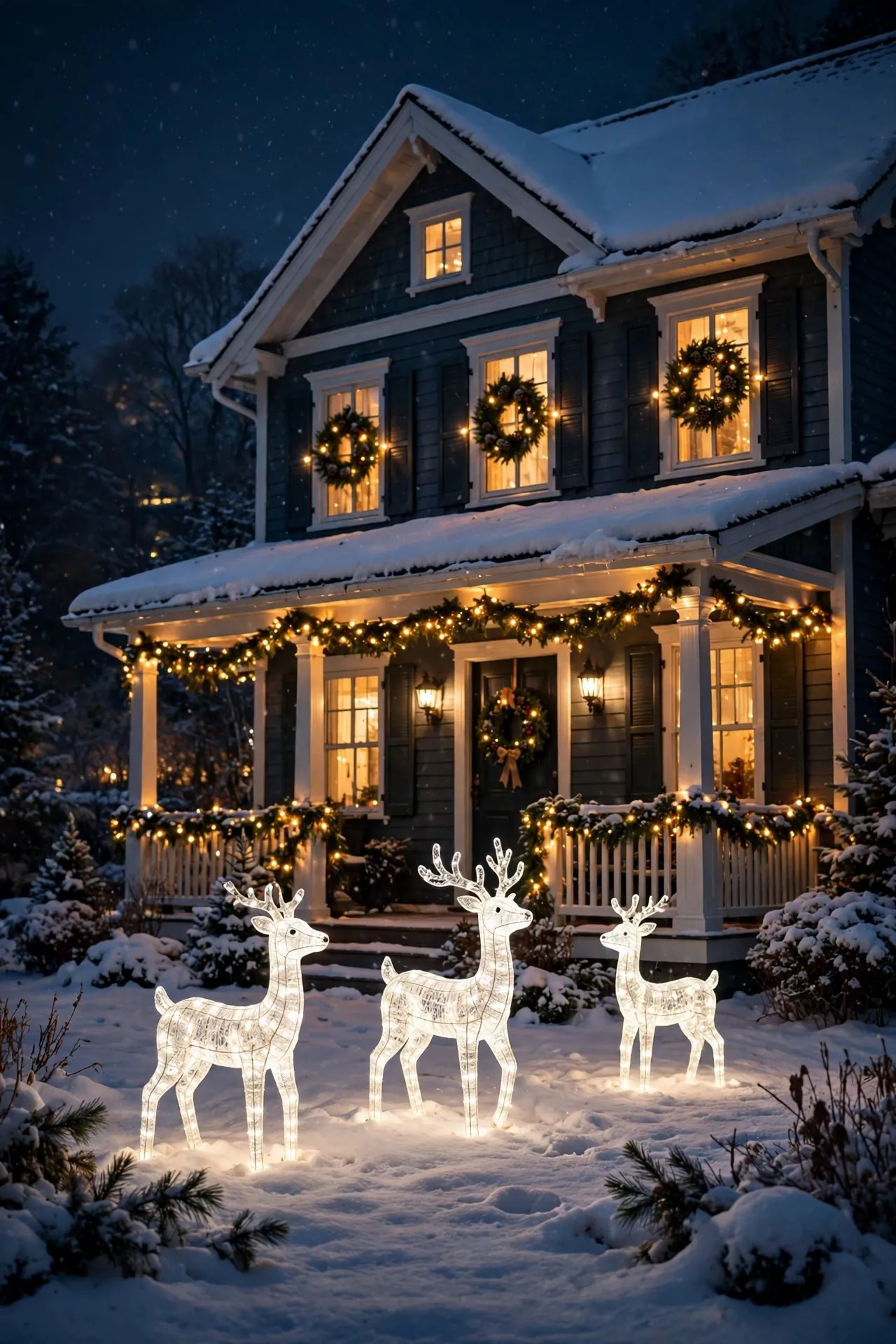 Christmas porch and yard with light-up reindeer