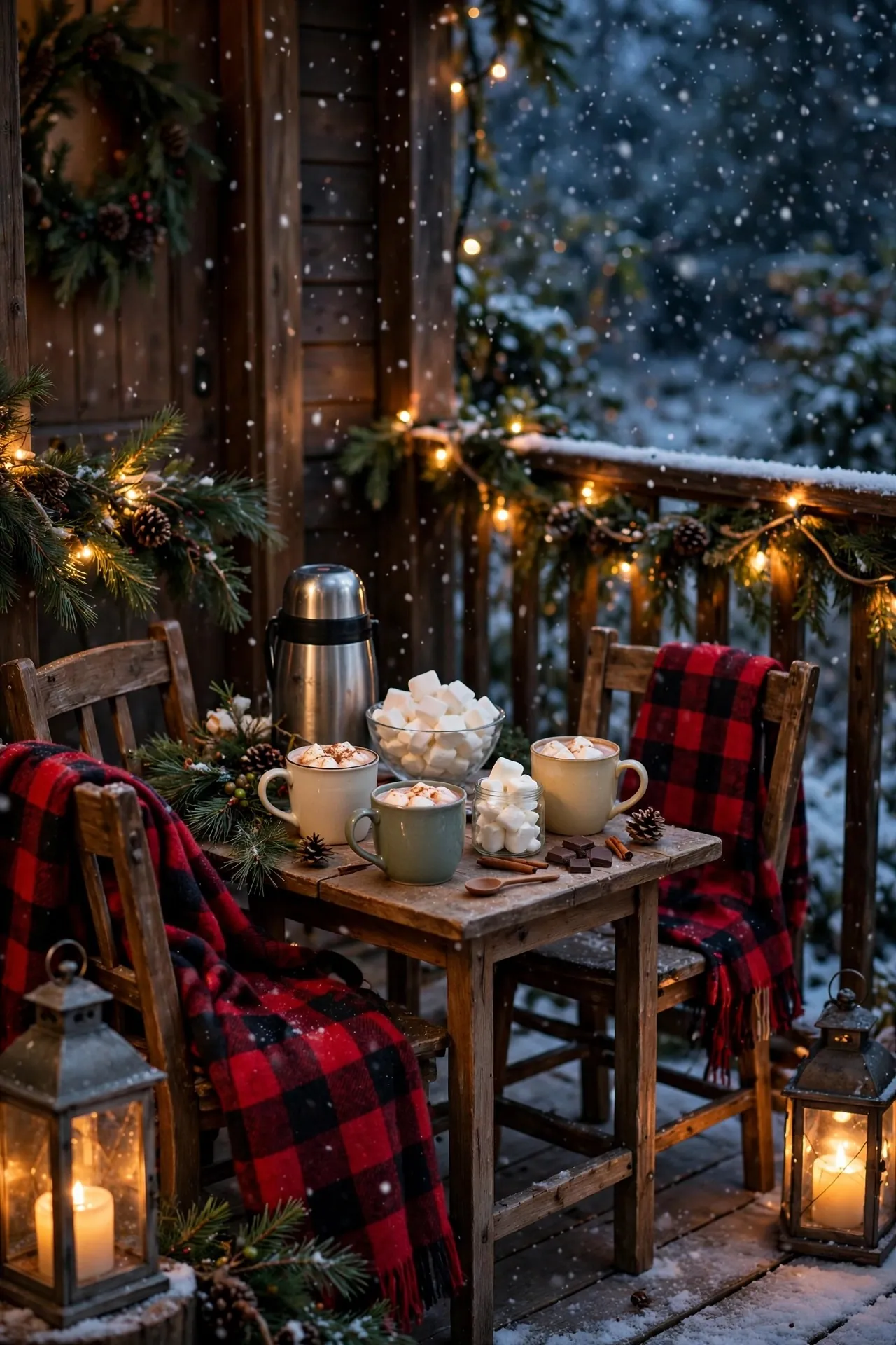 Christmas porch hot cocoa station with mugs and blankets
