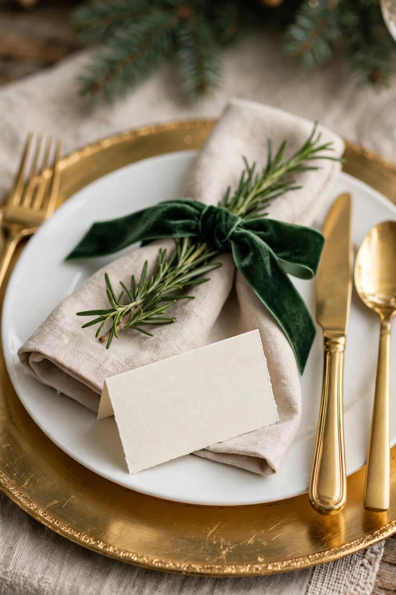 Christmas place setting with a handwritten name card and rosemary sprig