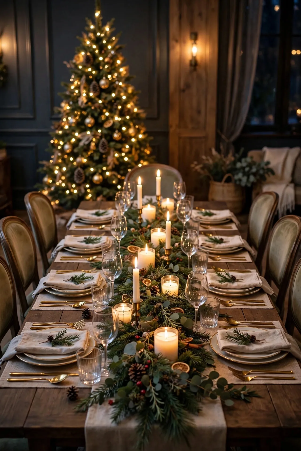 Elegant Christmas dinner table glowing with candles at night