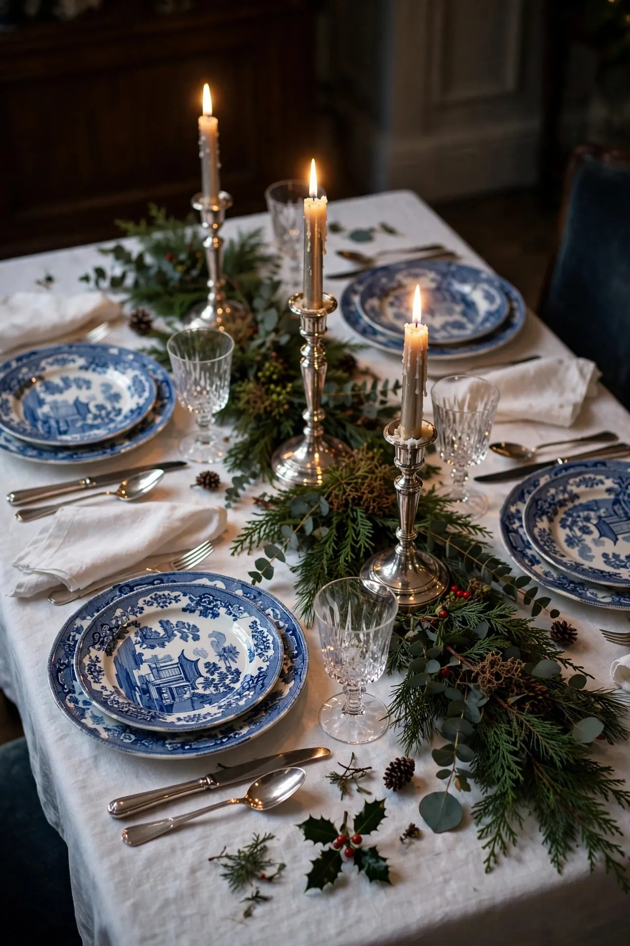 Blue and white china Christmas table with greenery