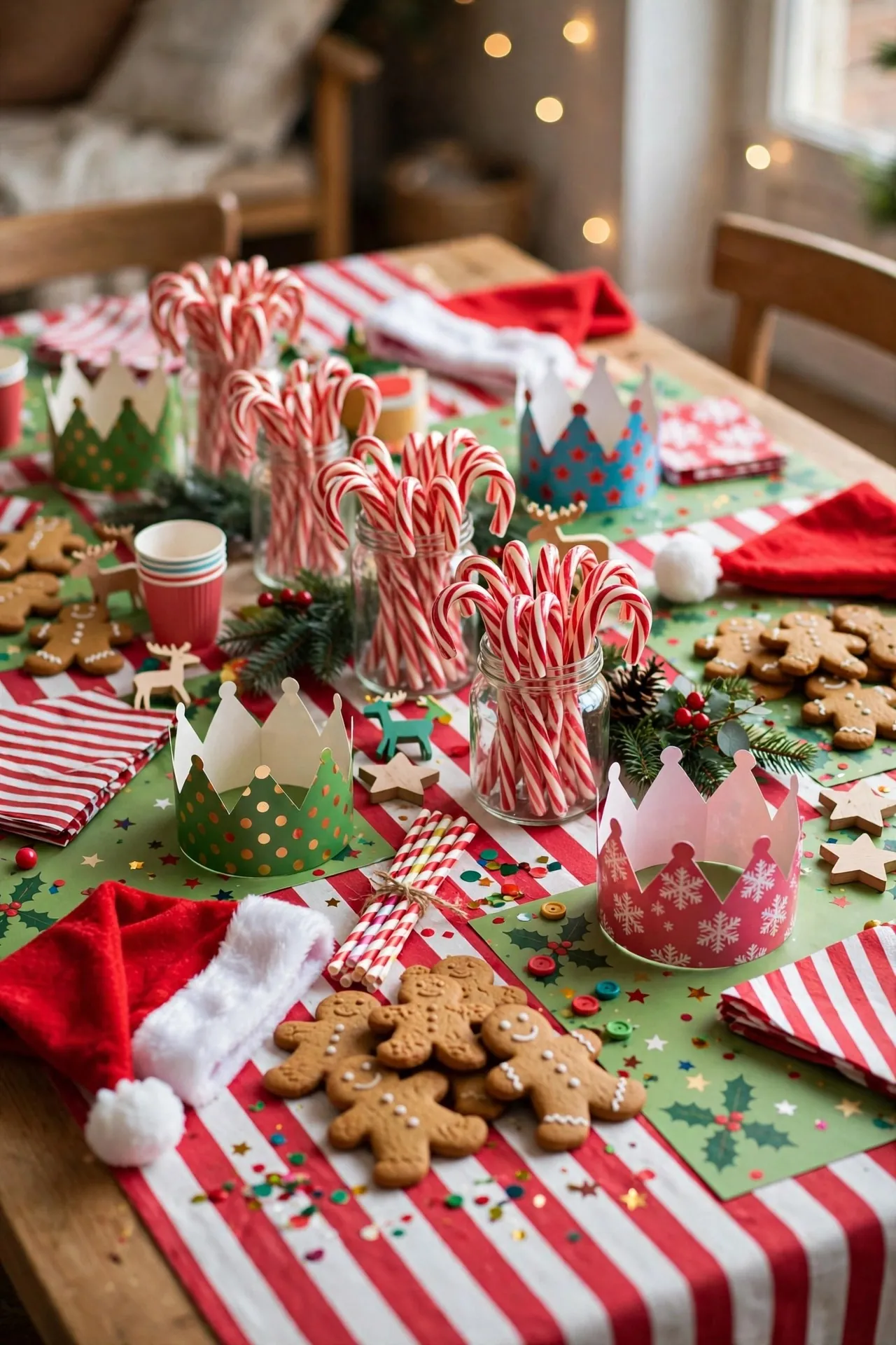 Kids Christmas table with candy canes and red and white decor