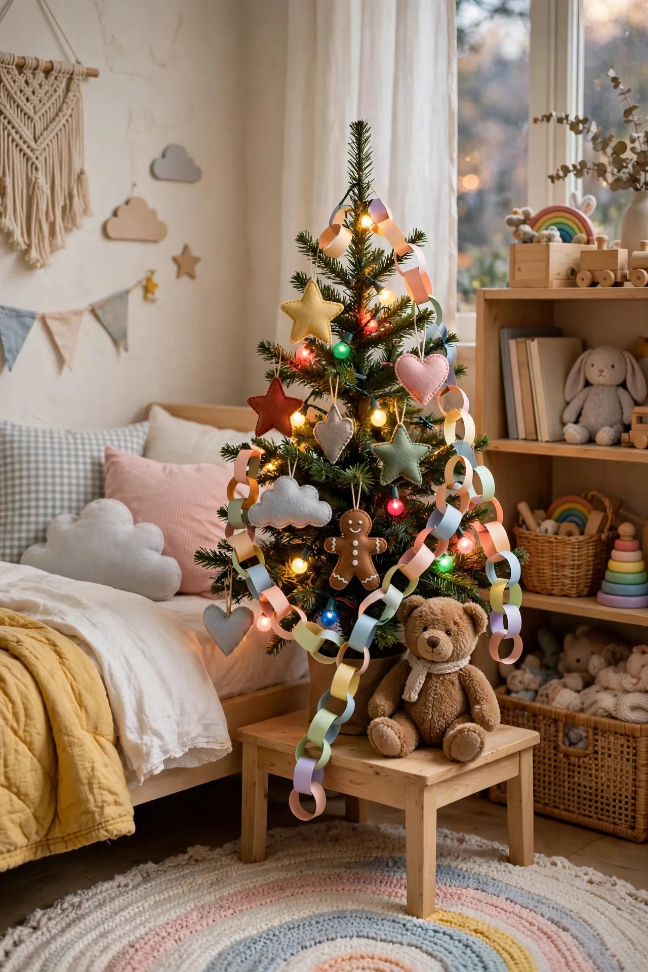 Kids Christmas tree in a bedroom with handmade ornaments