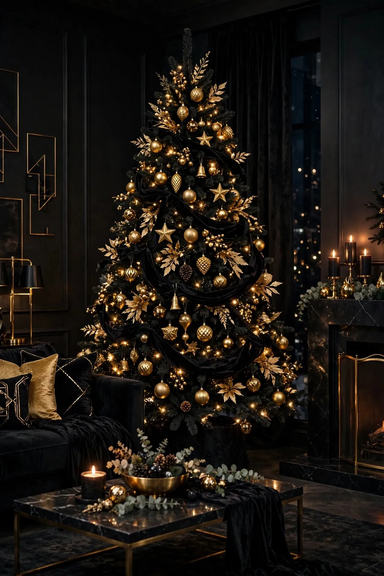 Glamorous black Christmas tree with gold ornaments