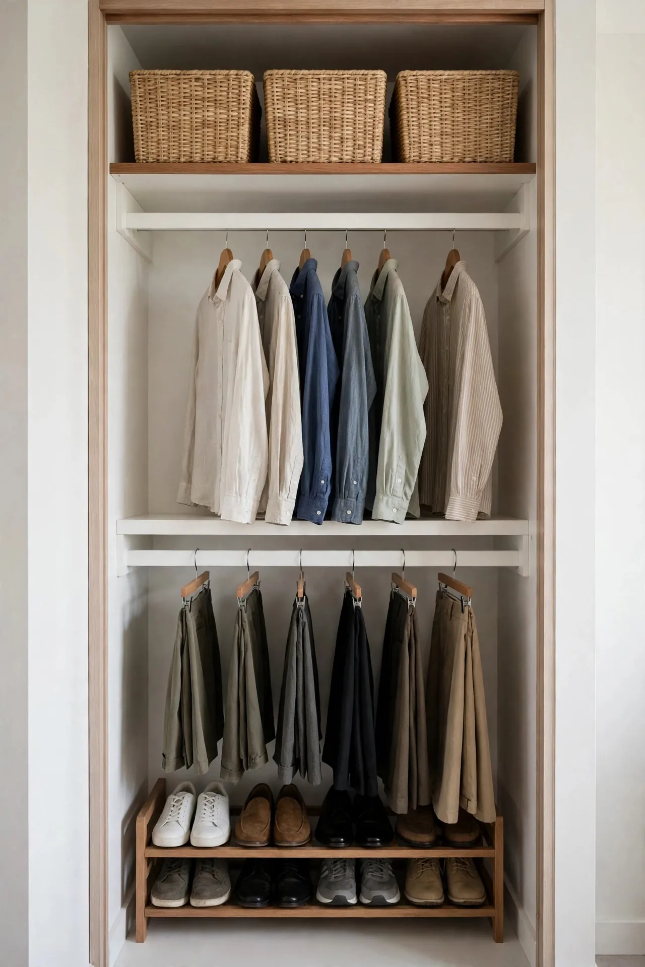 Small reach-in closet with double hanging rails
