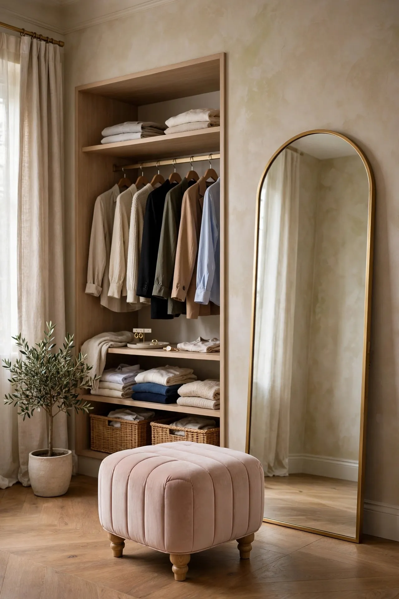 Closet with a velvet ottoman and full length mirror