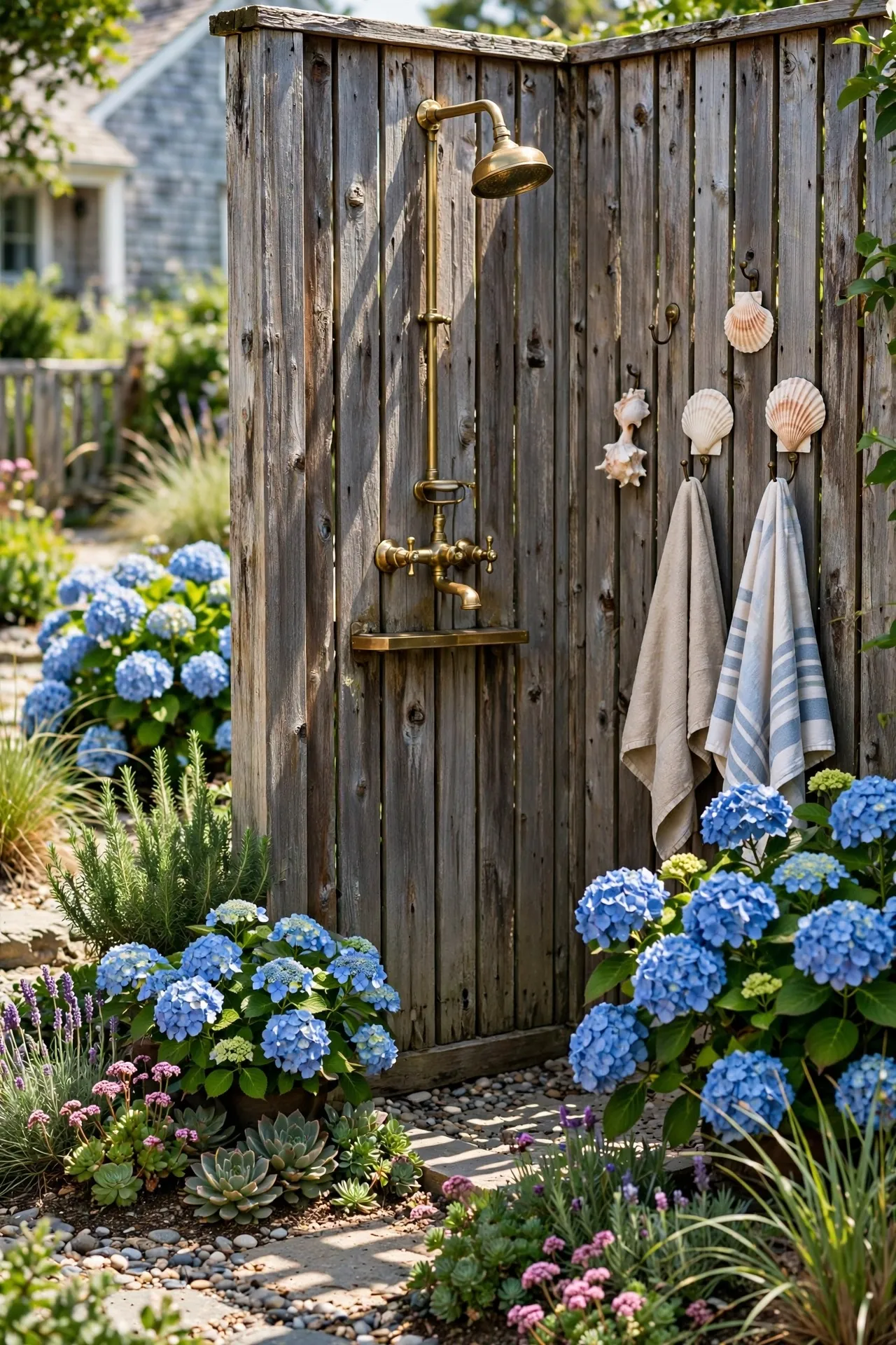 Coastal outdoor shower with cedar walls and hydrangeas