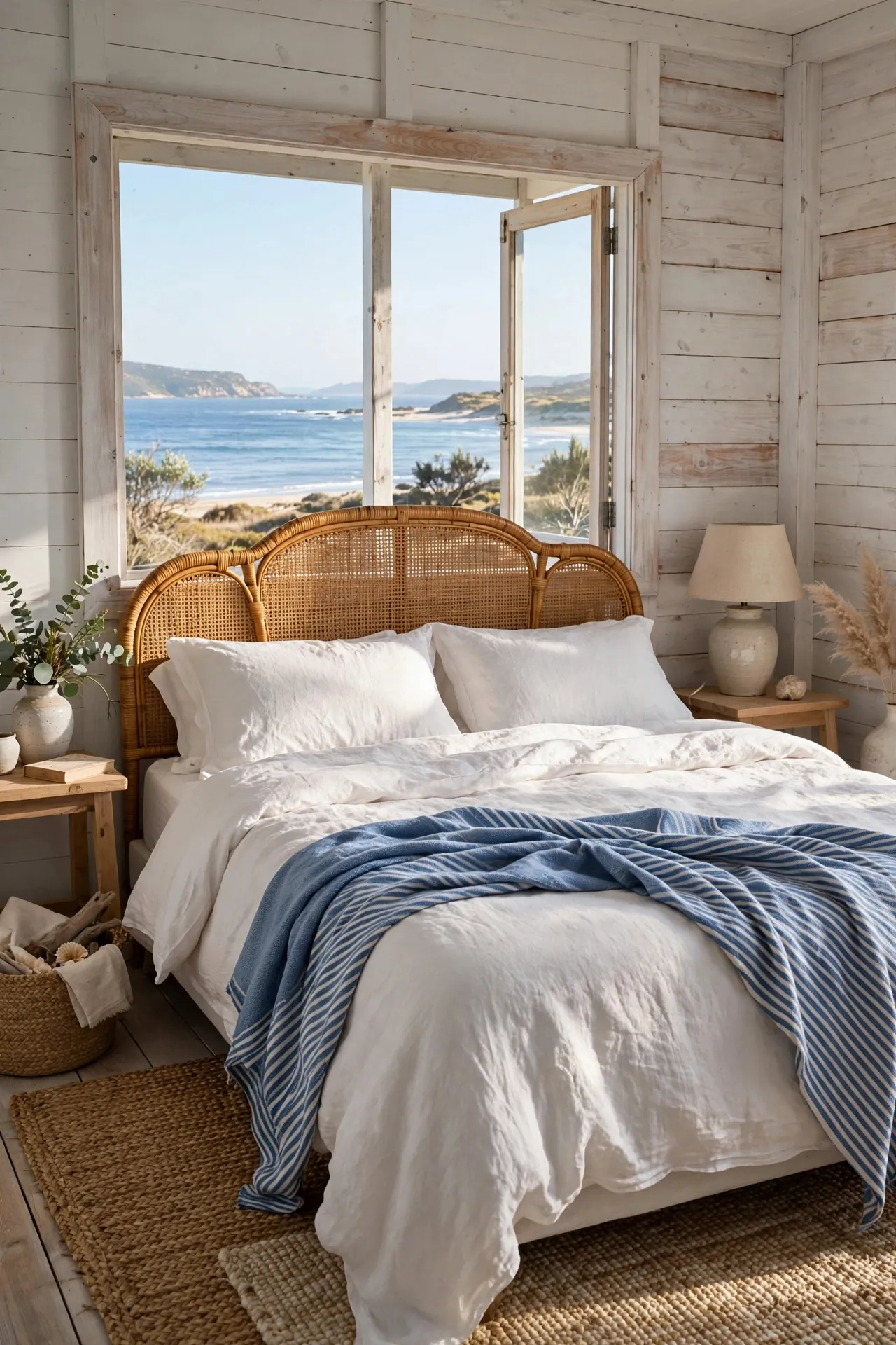 Coastal bedroom with white bedding, rattan headboard and sea view