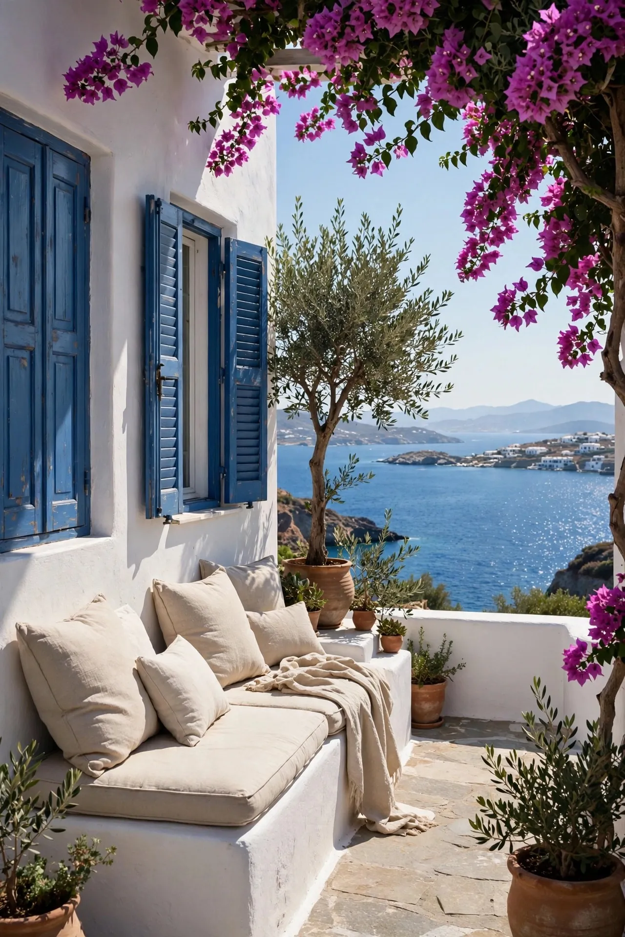 Mediterranean coastal terrace with white walls and blue sea view