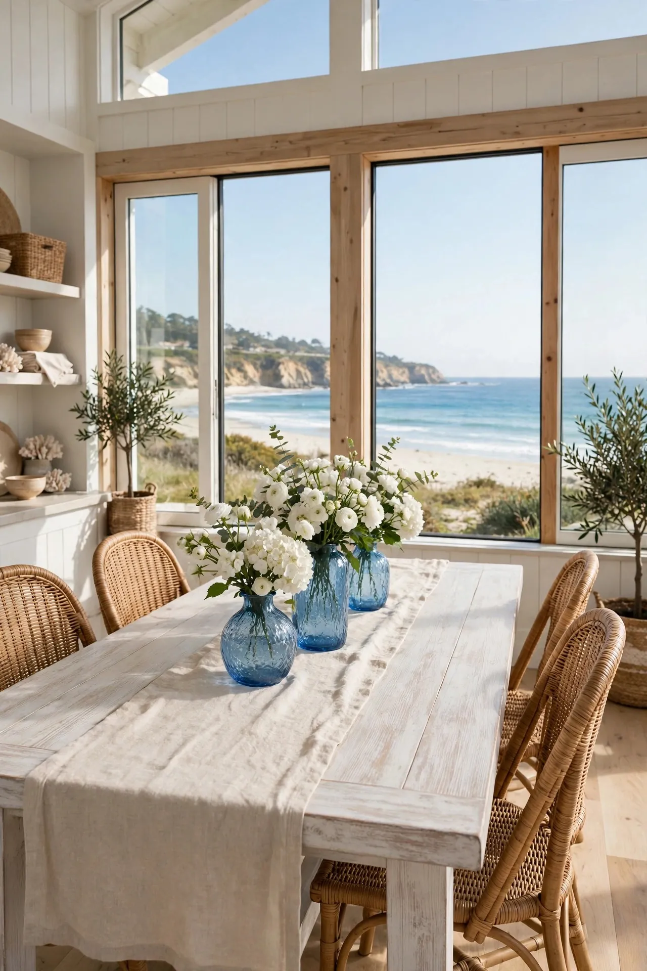 Coastal dining room with a whitewashed table and rattan chairs