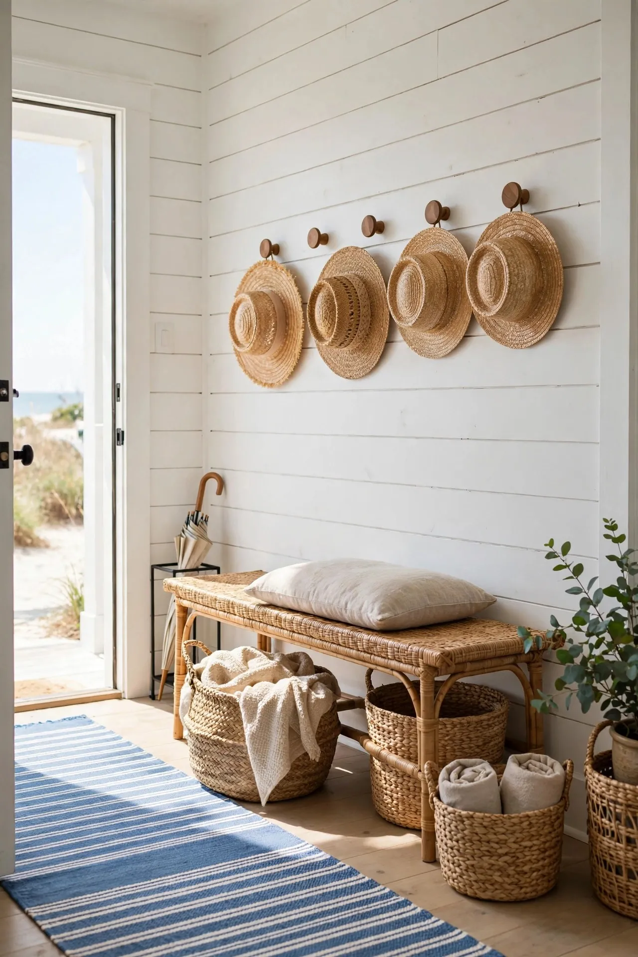 Coastal entryway with rattan bench and beach basket