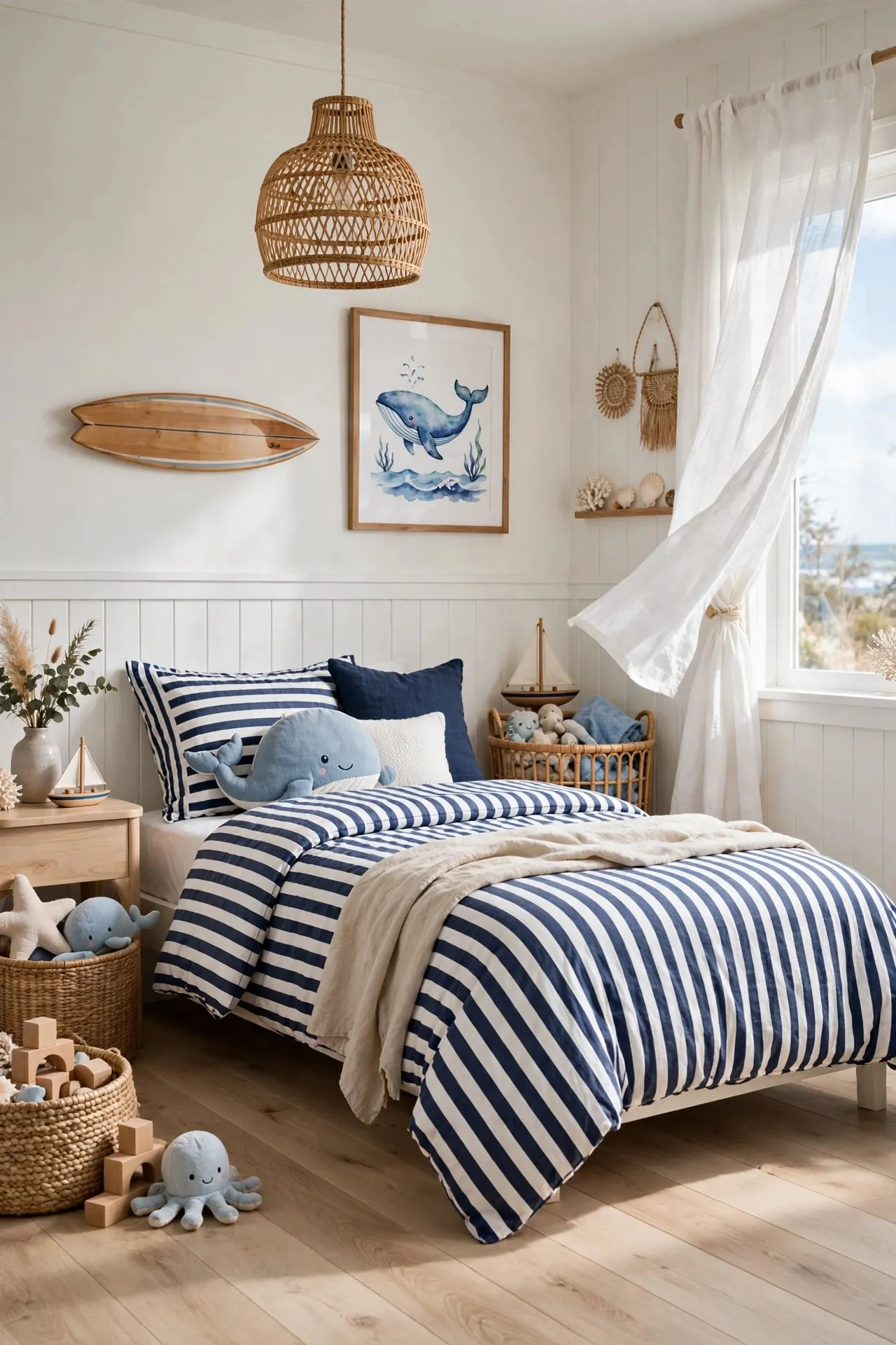 Coastal kids bedroom with nautical stripes and surfboard