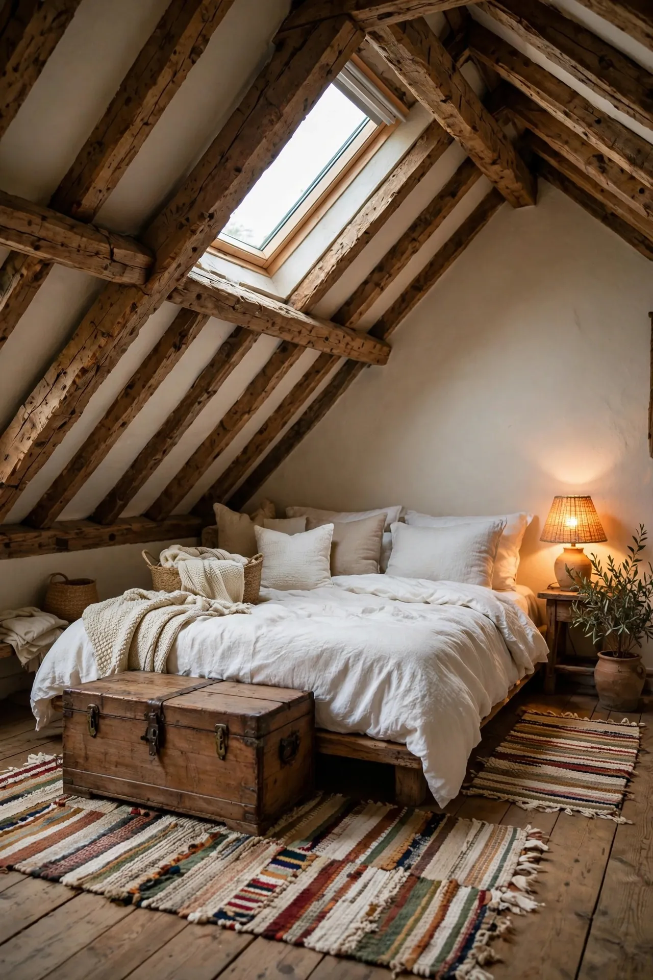 Cozy attic bedroom with sloped ceilings and wood beams