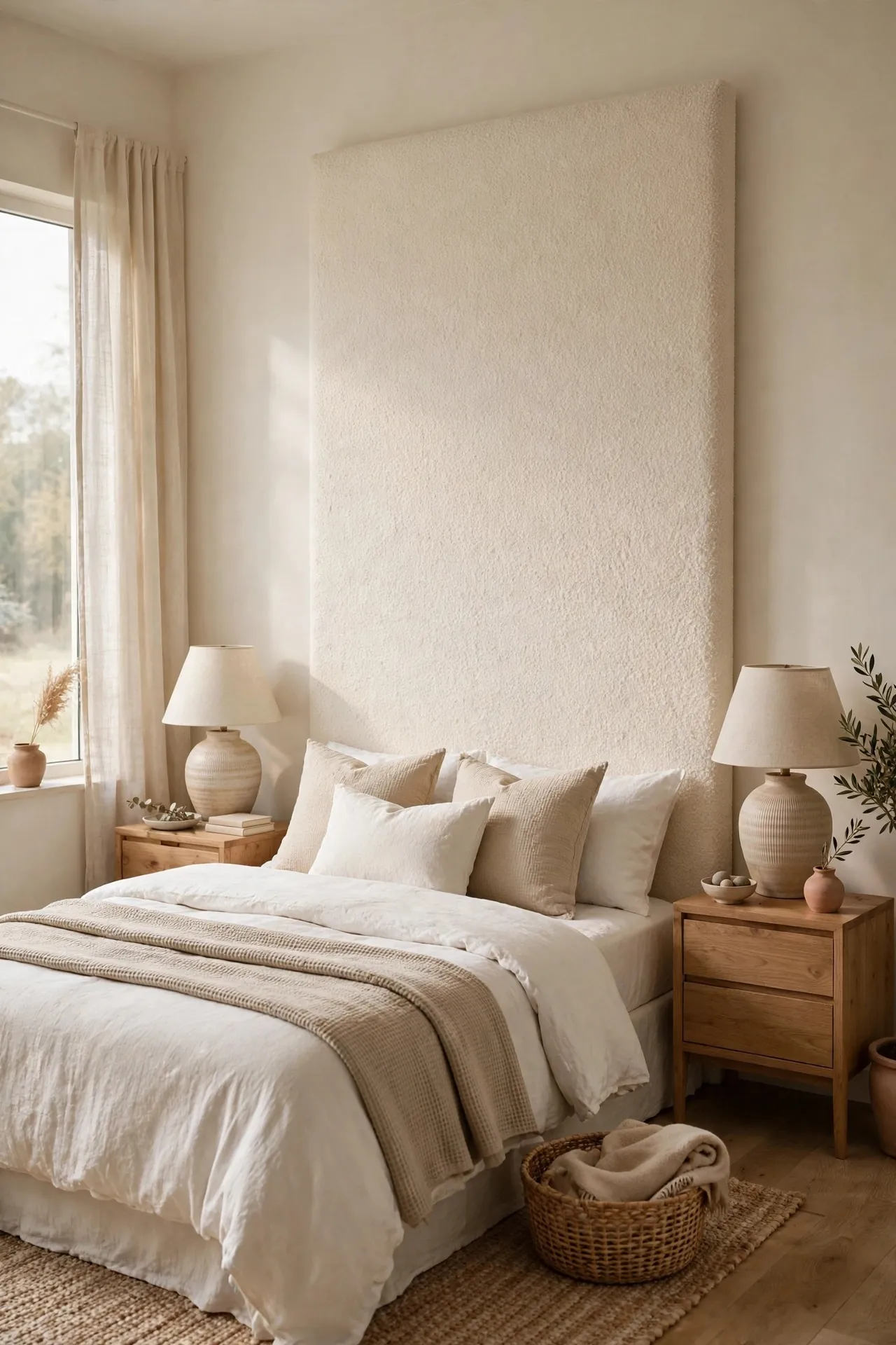 Bedroom with a tall upholstered boucle headboard and neutral bedding