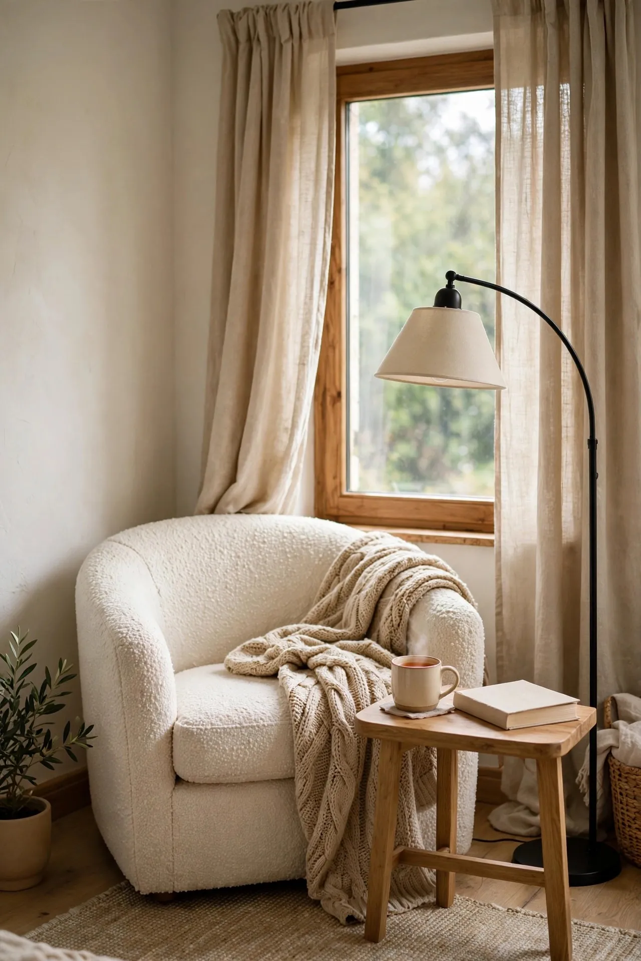 Cozy bedroom reading nook with an armchair, throw and floor lamp