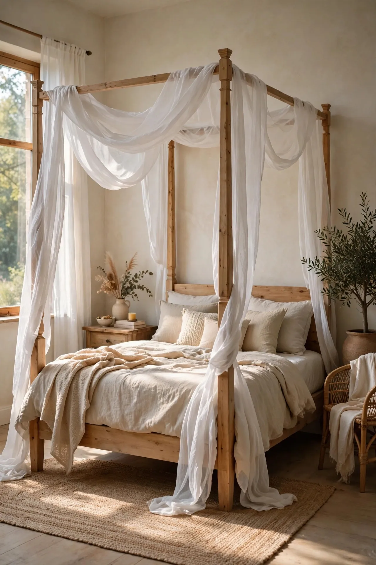 Bedroom with a wooden four-poster bed and sheer linen drapes