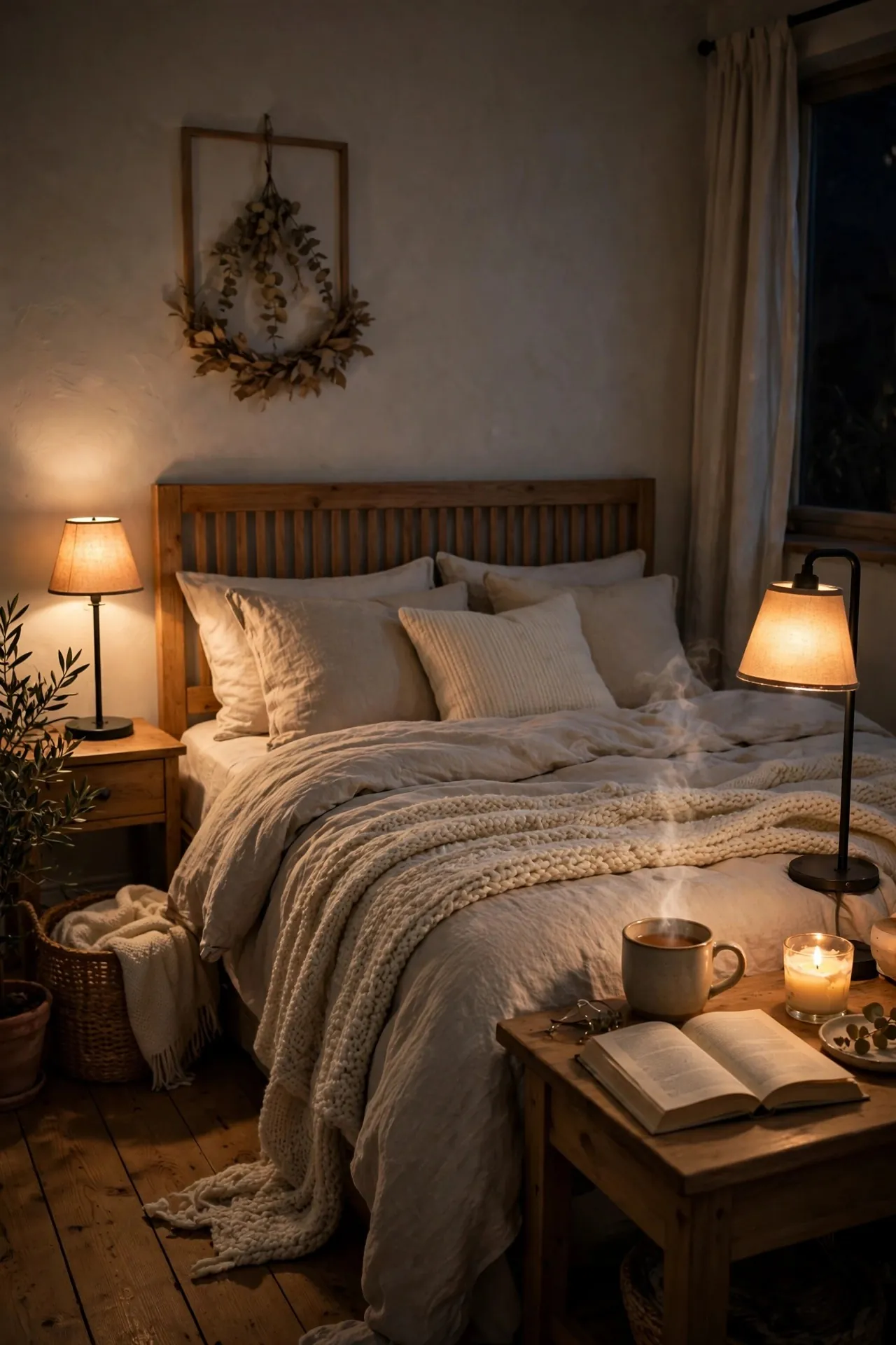 Cozy bedroom at night with warm lamplight and layered bedding
