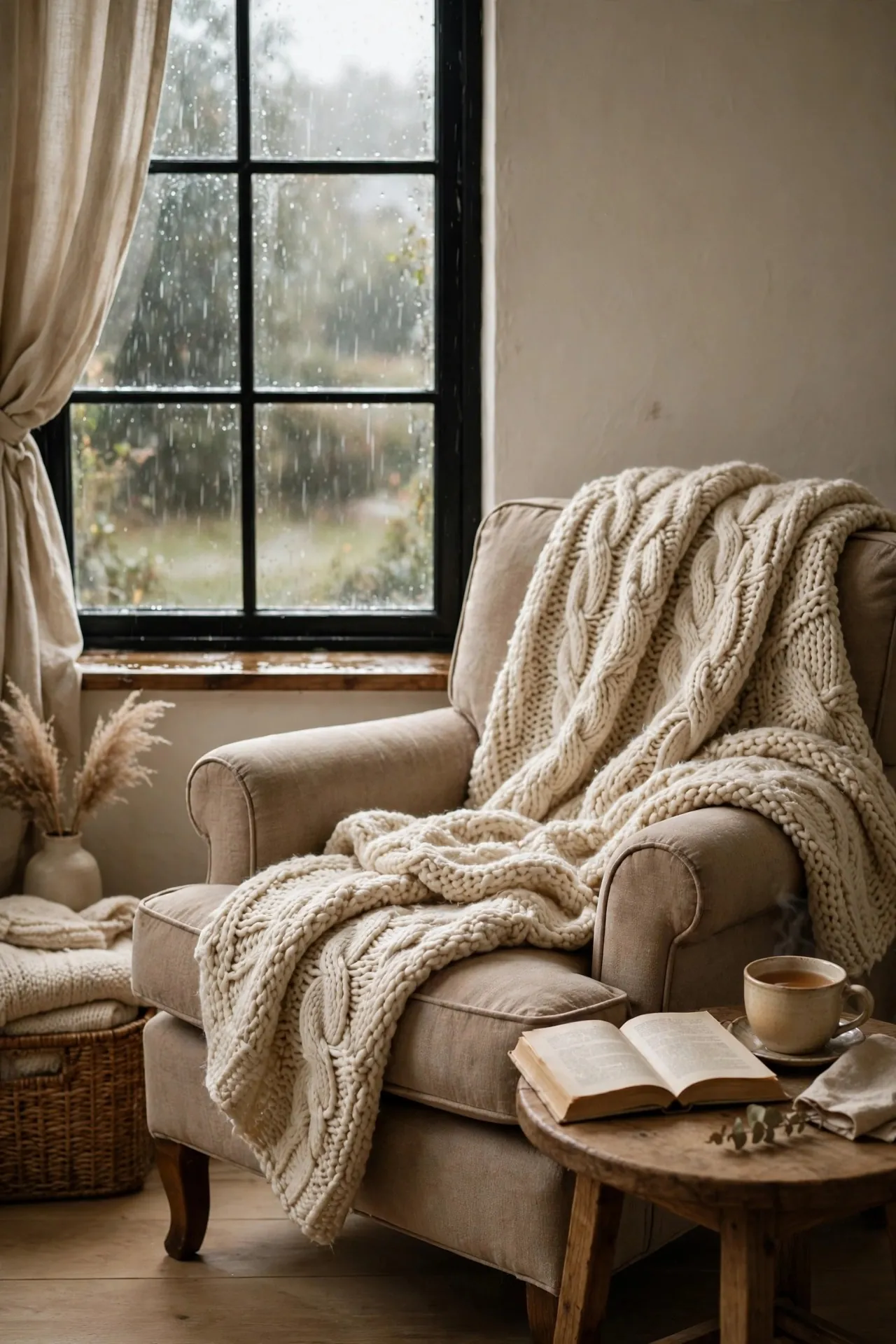 Chunky knit throw on an armchair with a book and tea