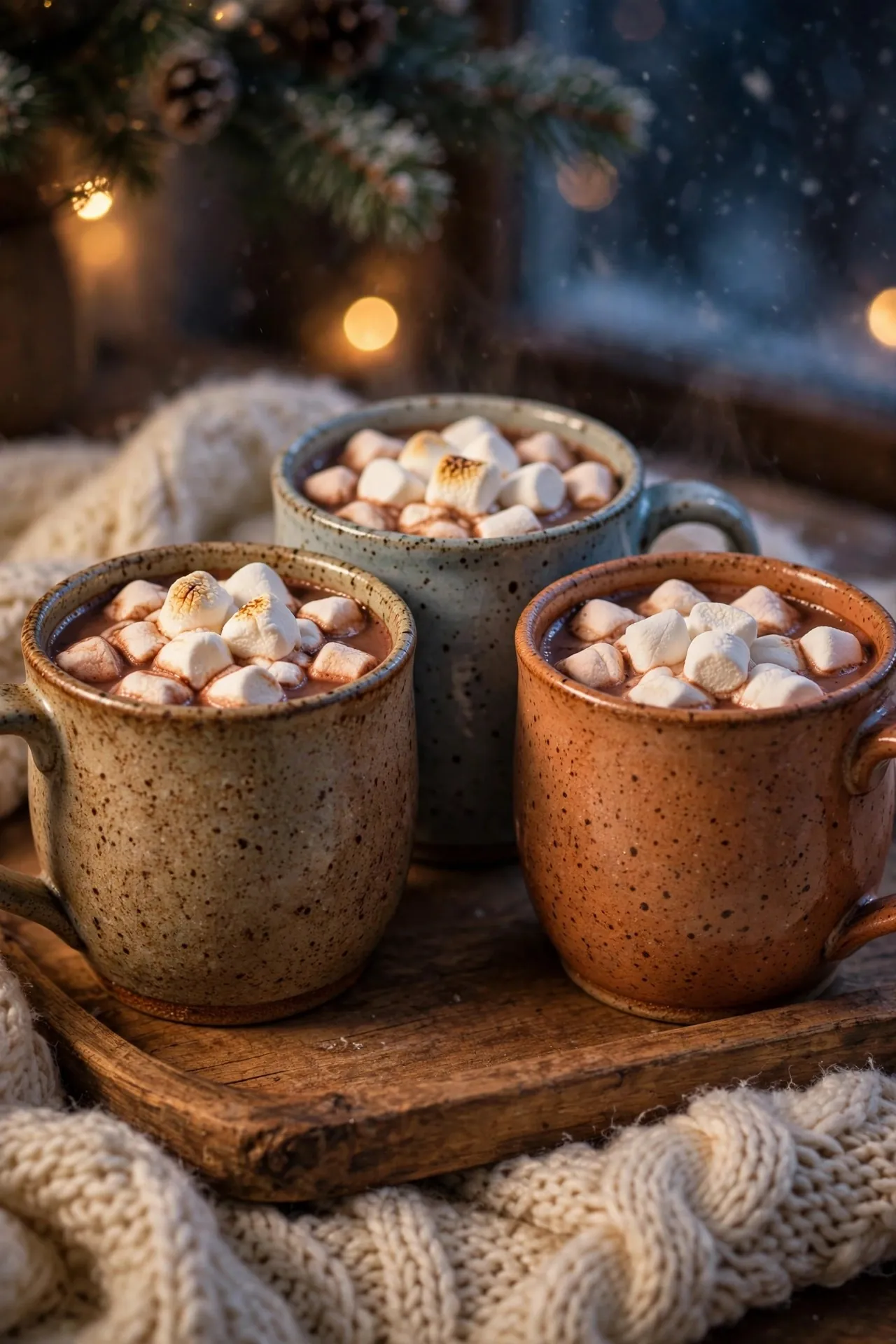 Handmade ceramic mugs of hot chocolate on a wooden tray