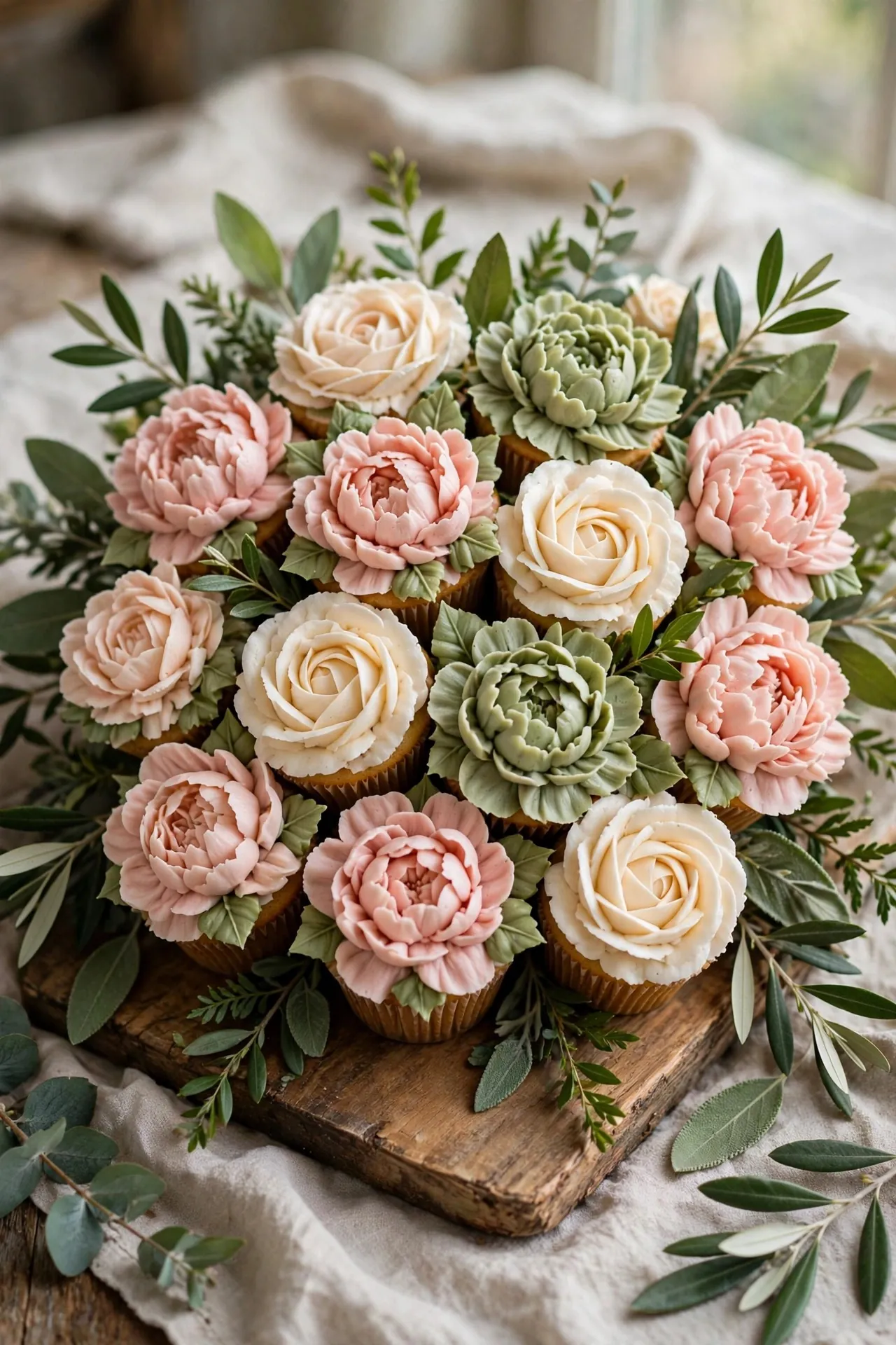 Cupcakes arranged as a buttercream flower bouquet