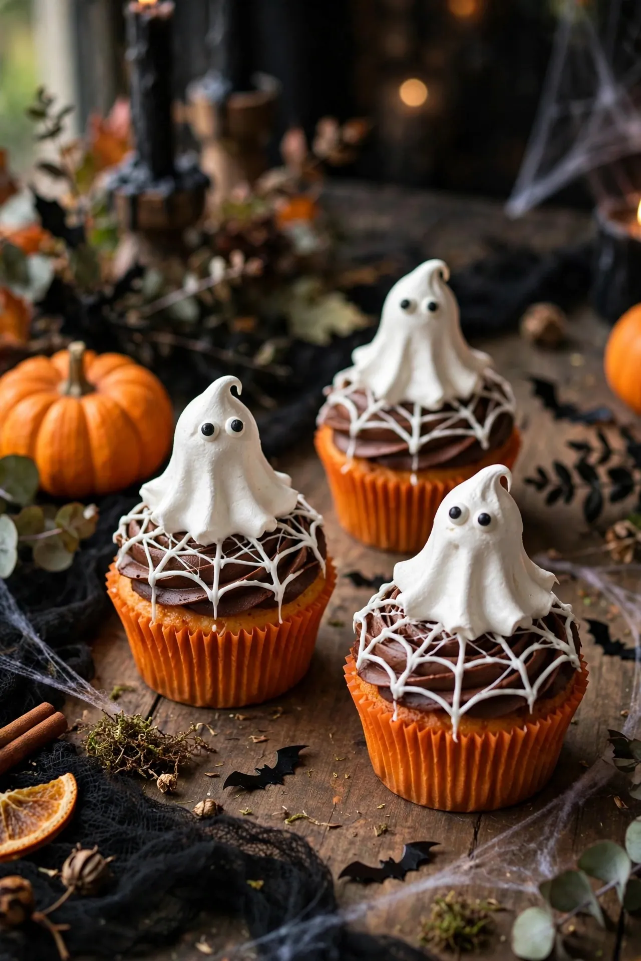Halloween cupcakes with spider webs and ghost toppers