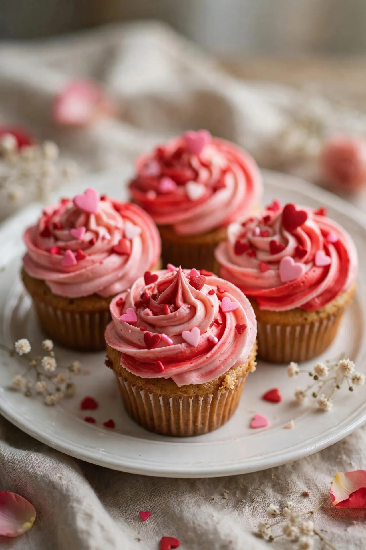 Valentine's cupcakes with pink frosting and heart sprinkles