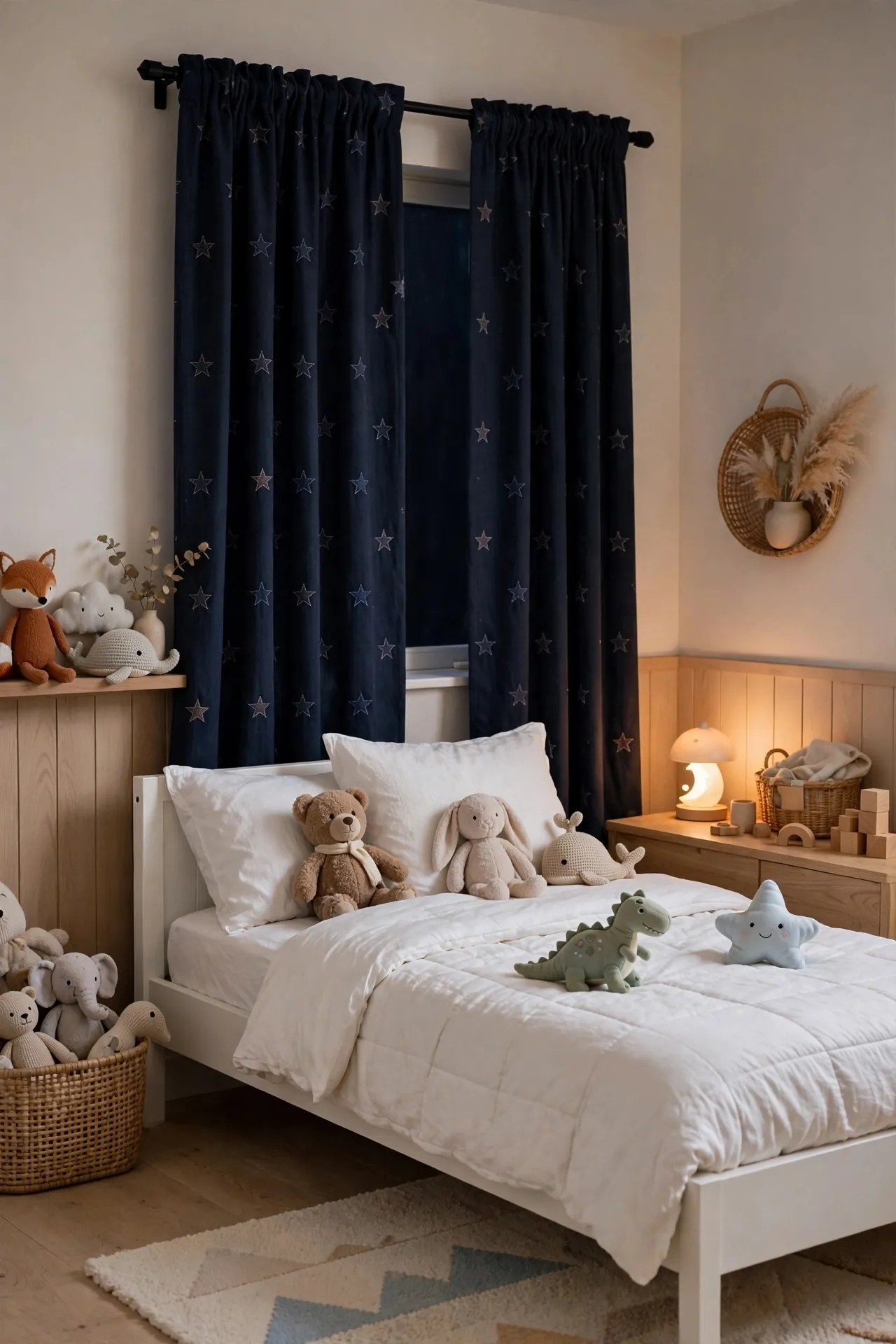 Kids bedroom with star patterned blackout curtains